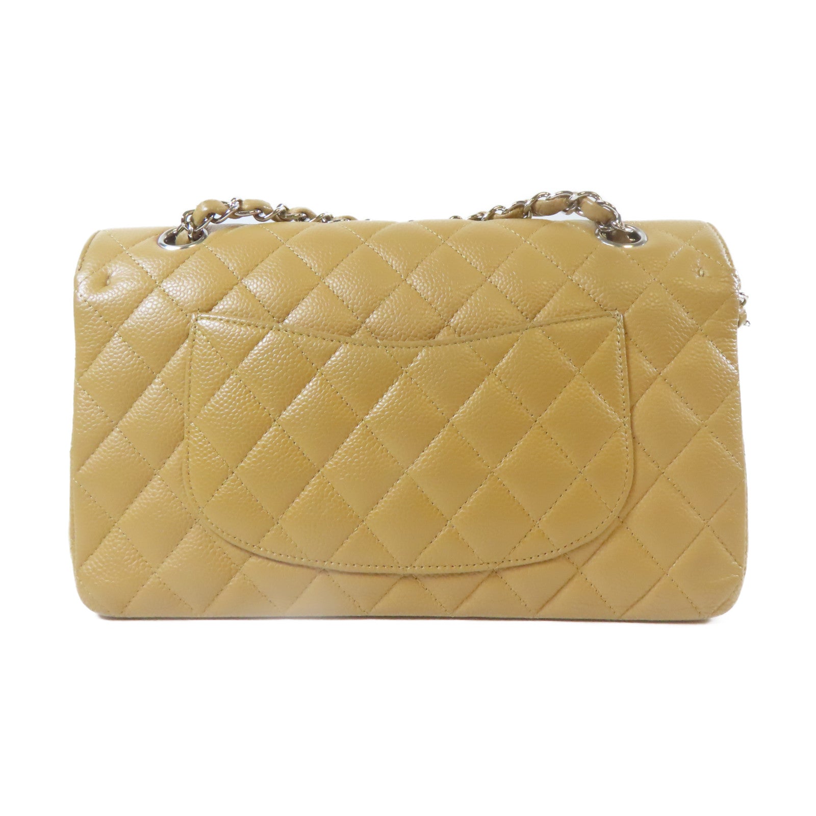 CHANEL 菱格Caviar皮革Classic Flap銀扣鏈帶肩背袋卡其色