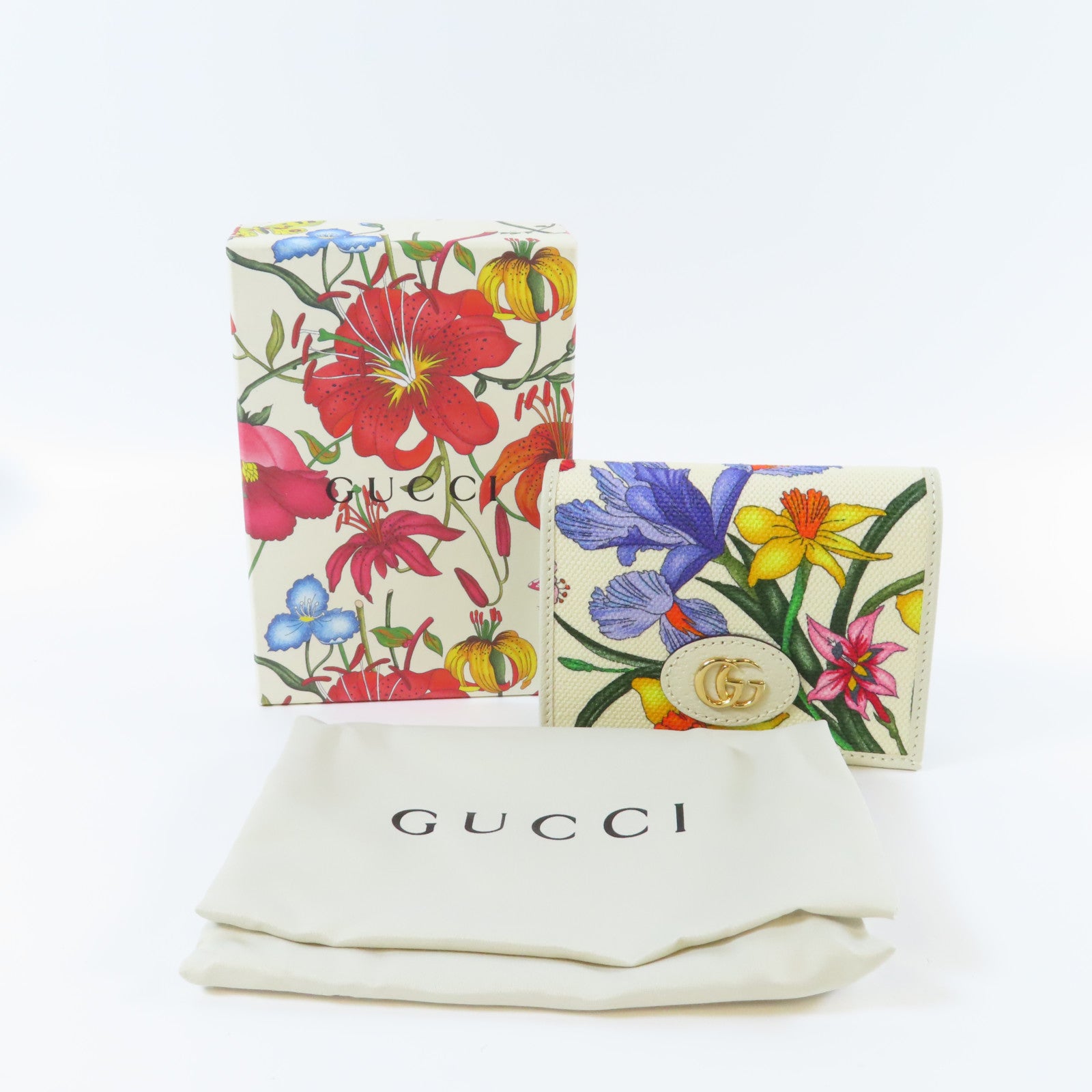 GUCCI 帆布/皮革GG Marmont Flora Wallet金扣錢包白色/彩色