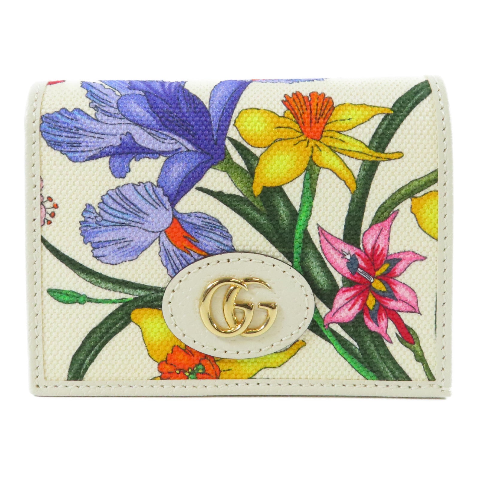 GUCCI 帆布/皮革GG Marmont Flora Wallet金扣錢包白色/彩色