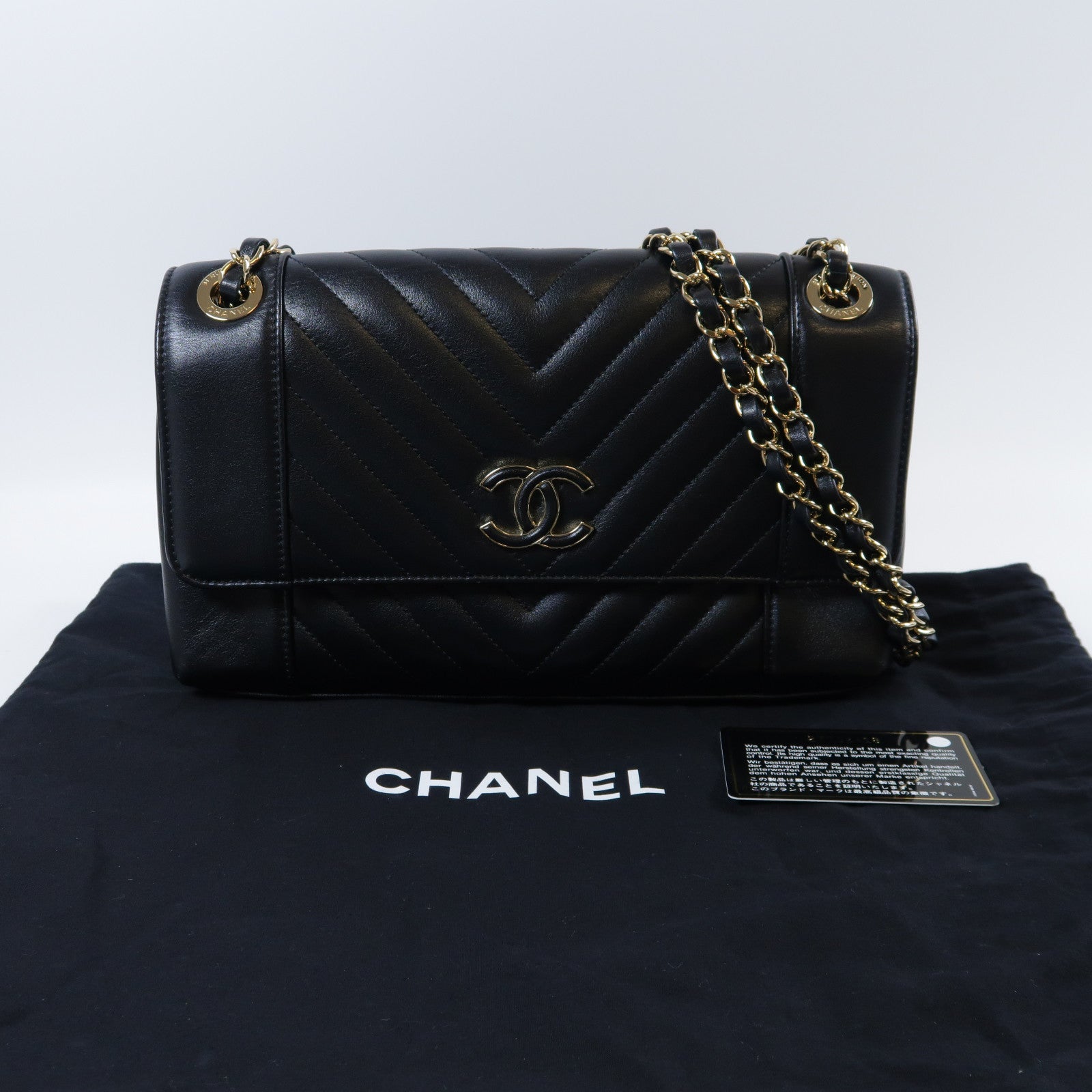 CHANEL 斜紋牛皮皮革Chain Shoulder Bag金扣鏈帶肩背袋黑色
