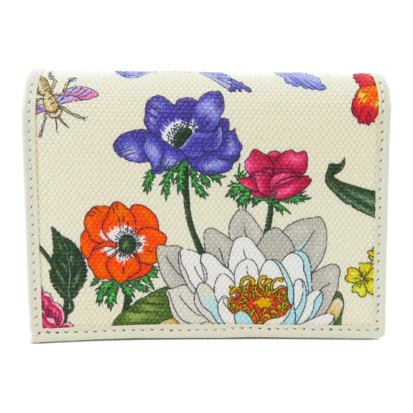 GUCCI 帆布/皮革GG Marmont Flora Wallet金扣錢包白色/彩色