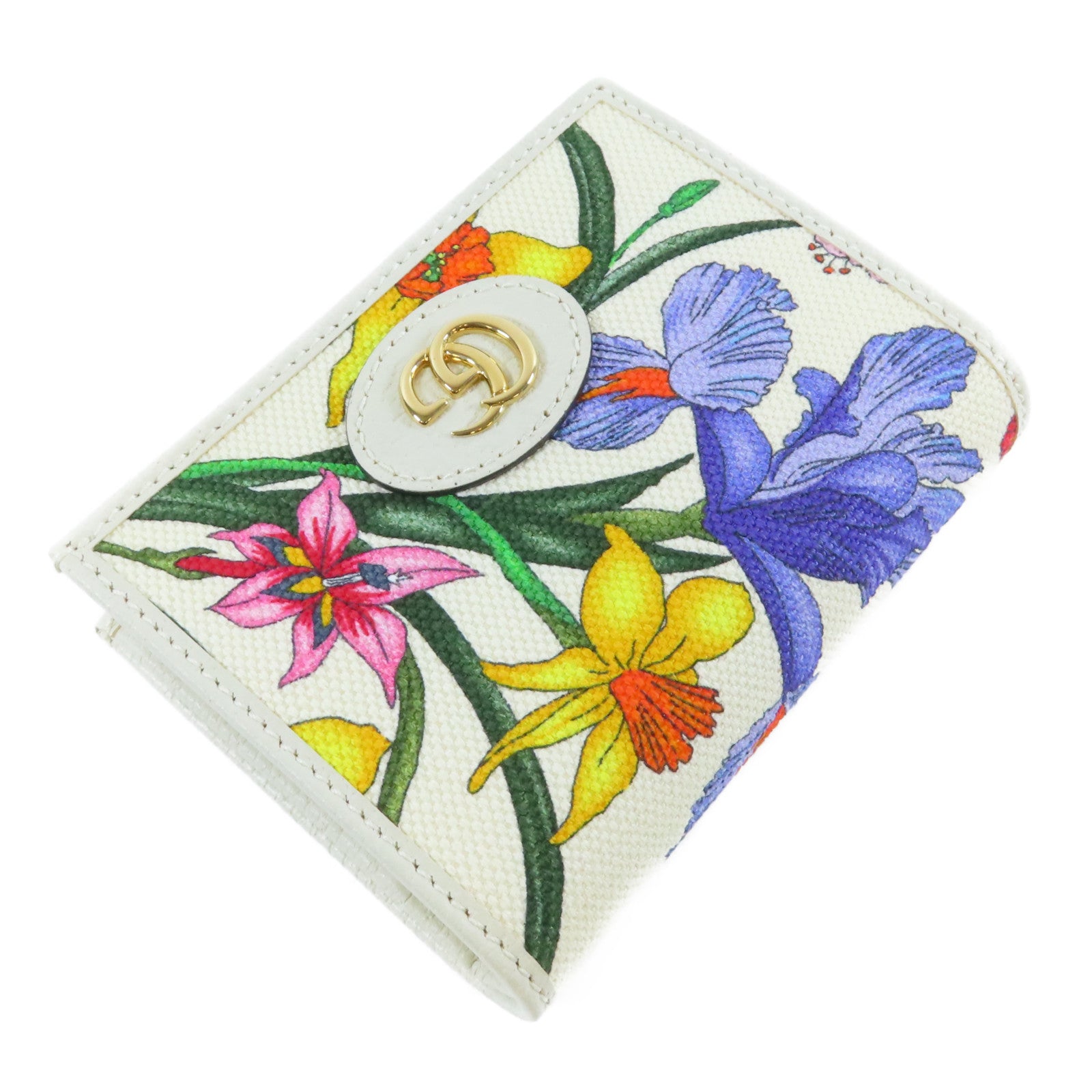 GUCCI 帆布/皮革GG Marmont Flora Wallet金扣錢包白色/彩色