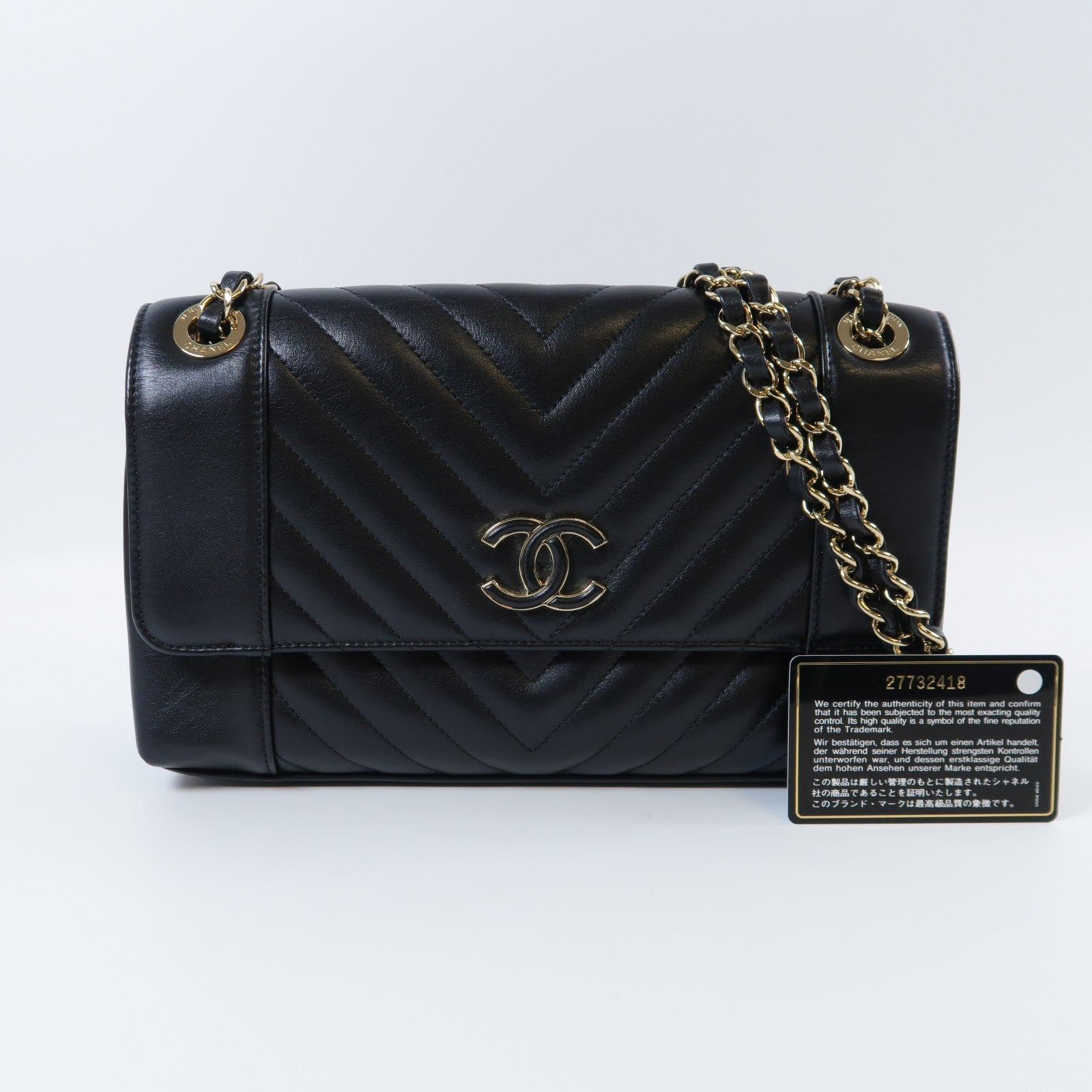CHANEL 斜紋牛皮皮革Chain Shoulder Bag金扣鏈帶肩背袋黑色