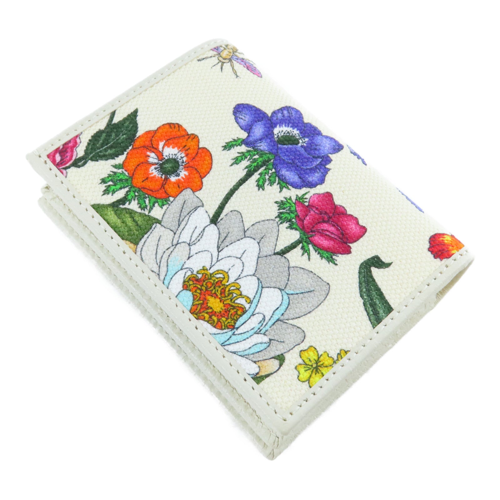 GUCCI 帆布/皮革GG Marmont Flora Wallet金扣錢包白色/彩色