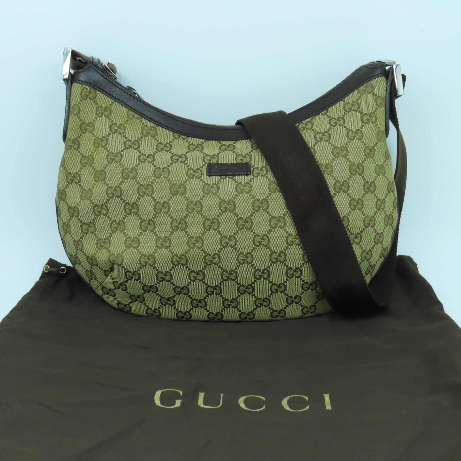 GUCCI 帆布GG Canvas Shoulder Bag銀扣肩背袋啡色