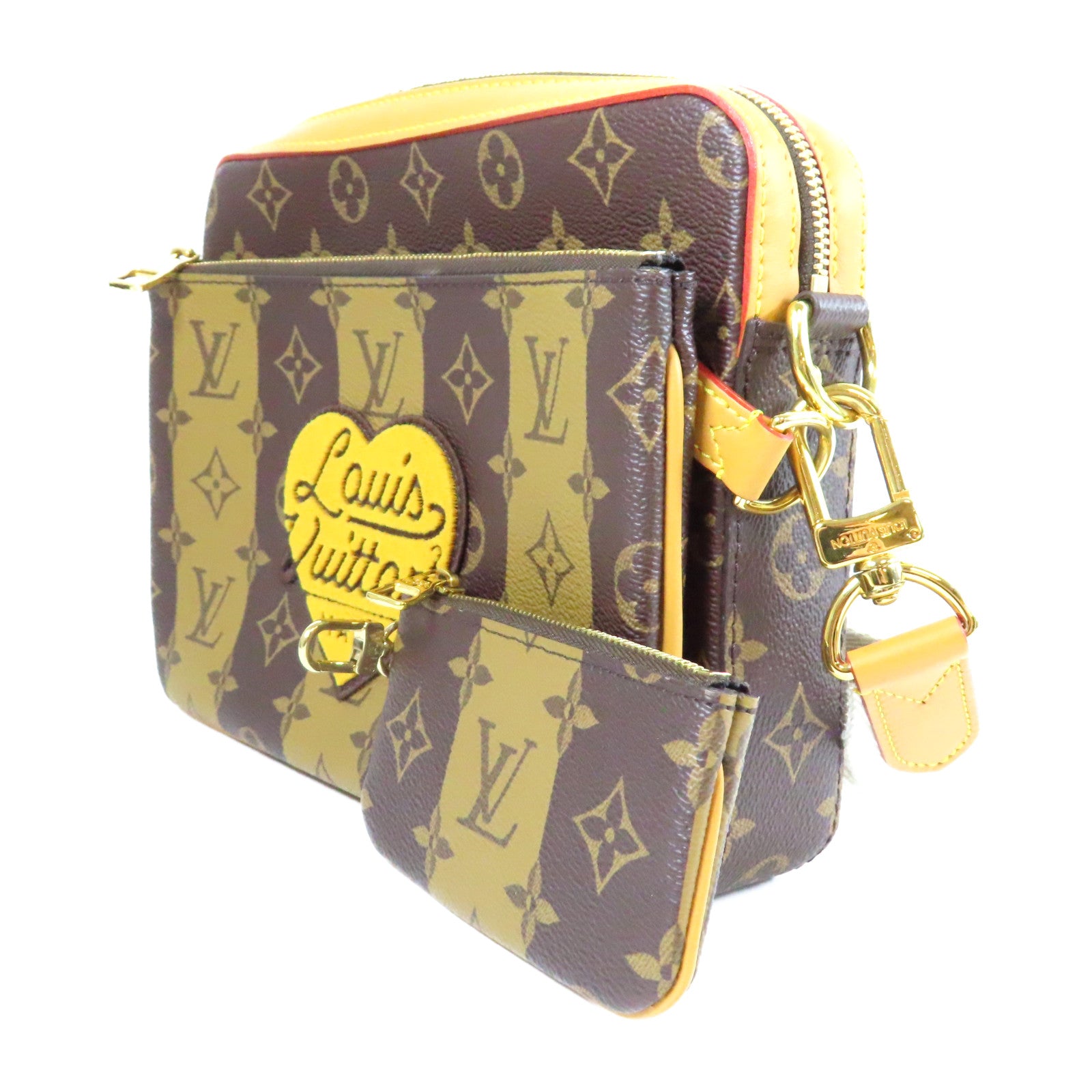 LOUIS VUITTON Monogram Nigo Trio Messenger金扣肩背袋啡色