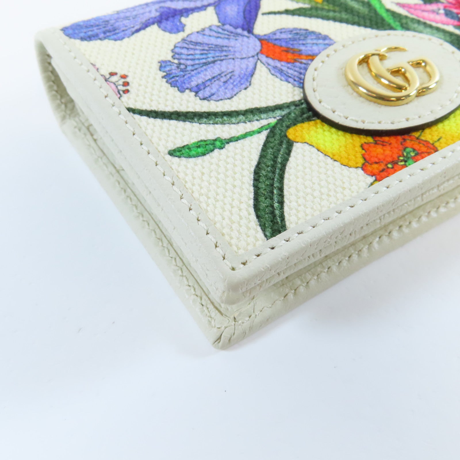 GUCCI 帆布/皮革GG Marmont Flora Wallet金扣錢包白色/彩色