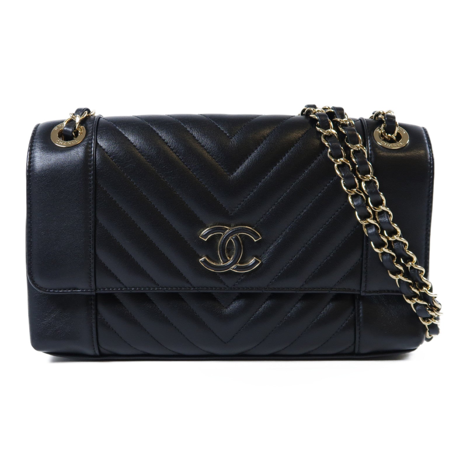 CHANEL 斜紋牛皮皮革Chain Shoulder Bag金扣鏈帶肩背袋黑色