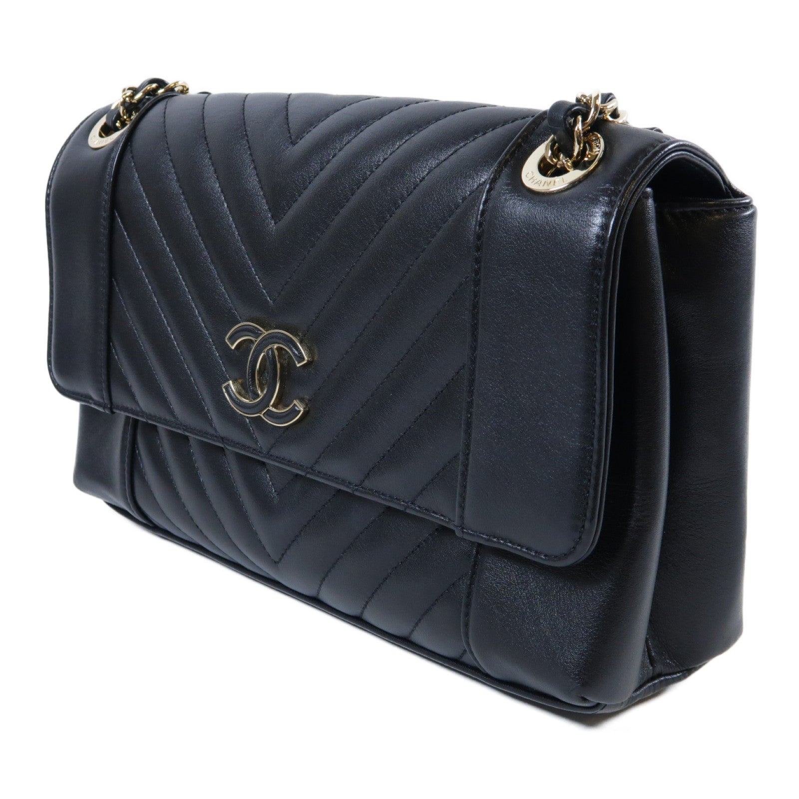 CHANEL 斜紋牛皮皮革Chain Shoulder Bag金扣鏈帶肩背袋黑色