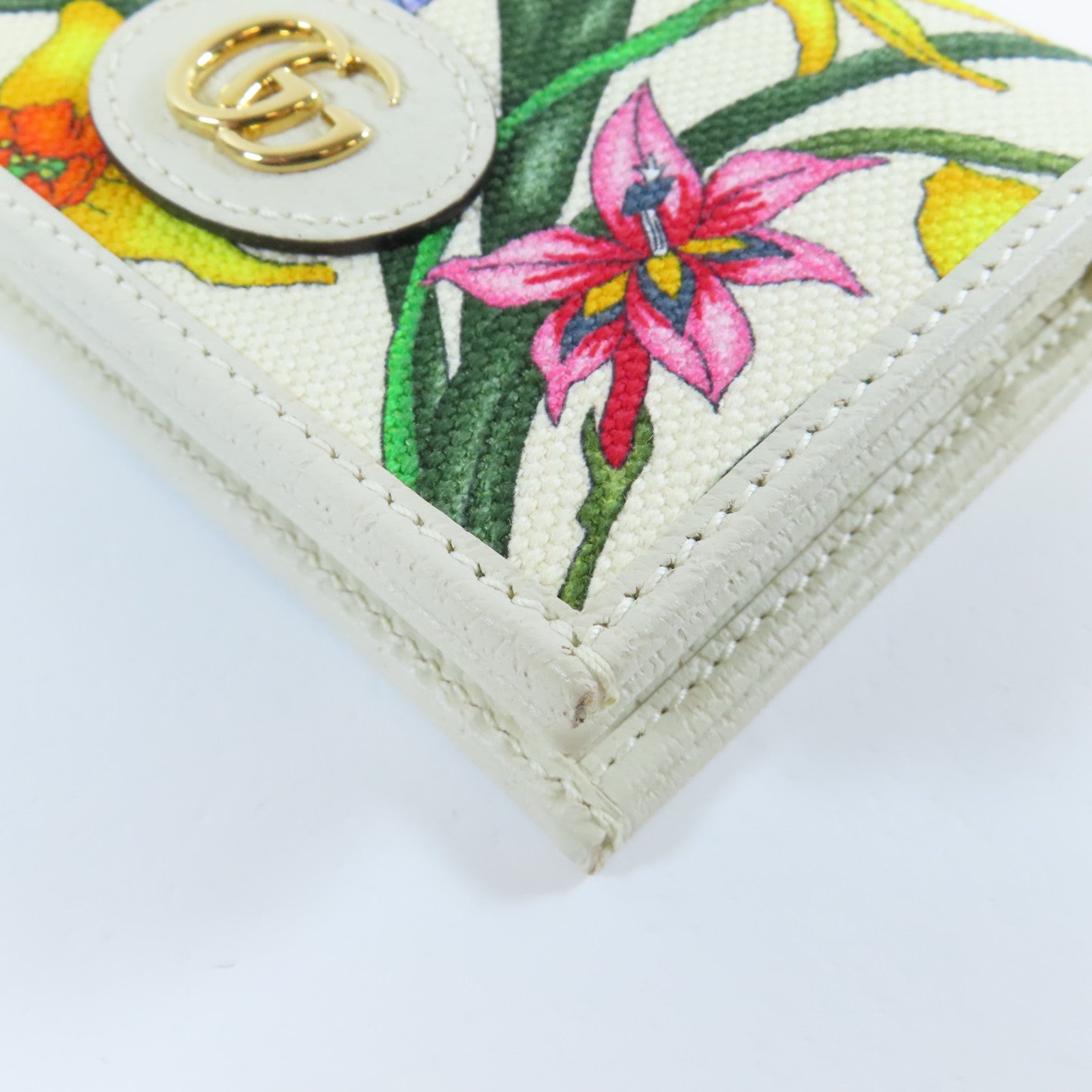 GUCCI 帆布/皮革GG Marmont Flora Wallet金扣錢包白色/彩色