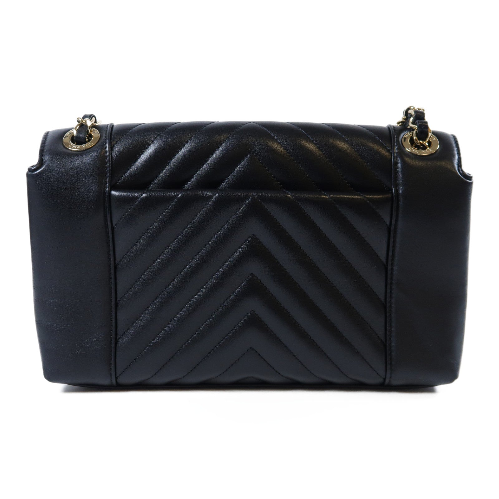 CHANEL 斜紋牛皮皮革Chain Shoulder Bag金扣鏈帶肩背袋黑色