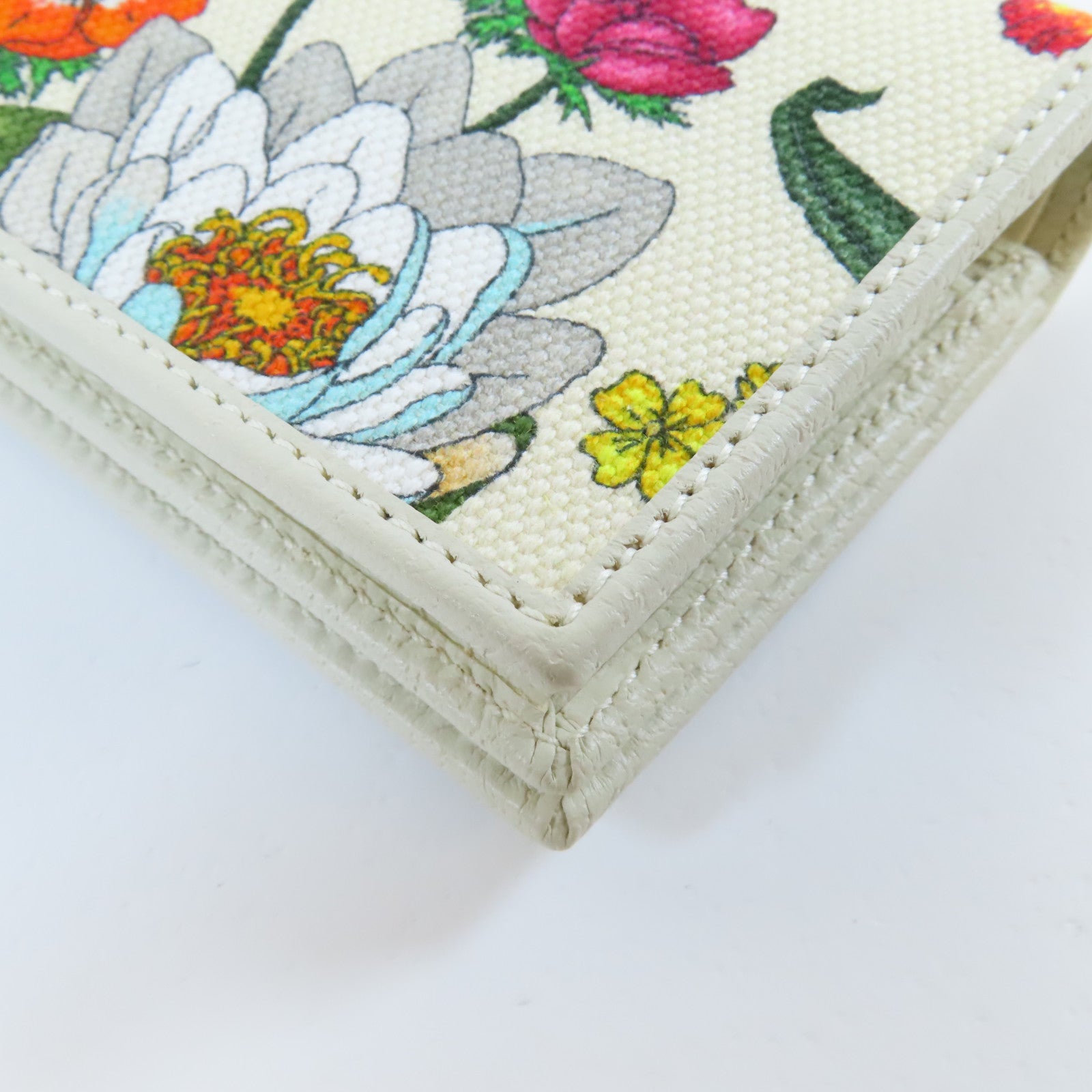 GUCCI 帆布/皮革GG Marmont Flora Wallet金扣錢包白色/彩色