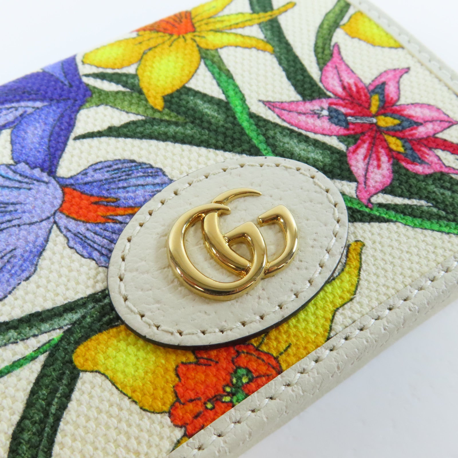GUCCI 帆布/皮革GG Marmont Flora Wallet金扣錢包白色/彩色
