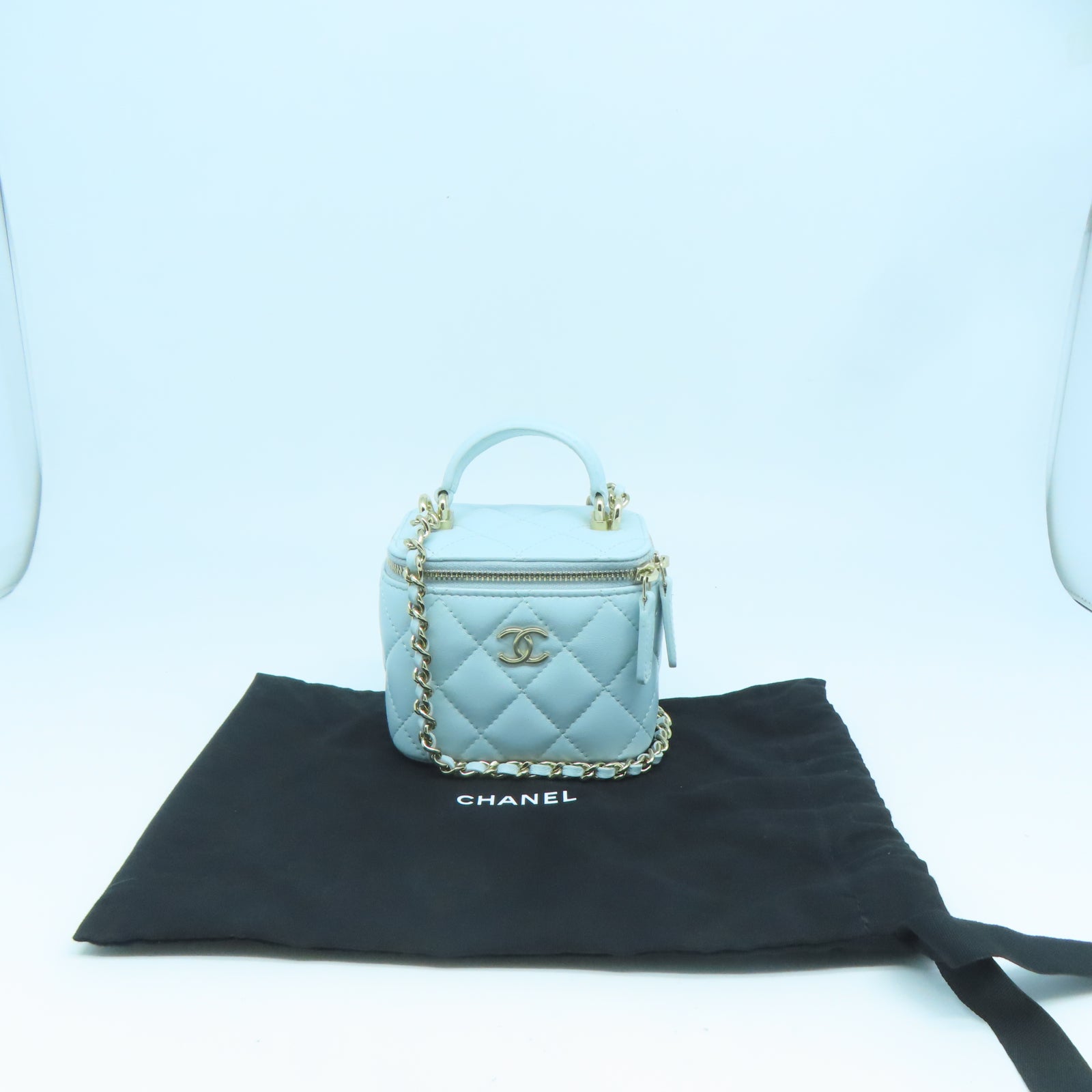 CHANEL 菱格羊皮皮革Mini Vanity Case Bag金扣手挽肩背兩用袋淺藍色