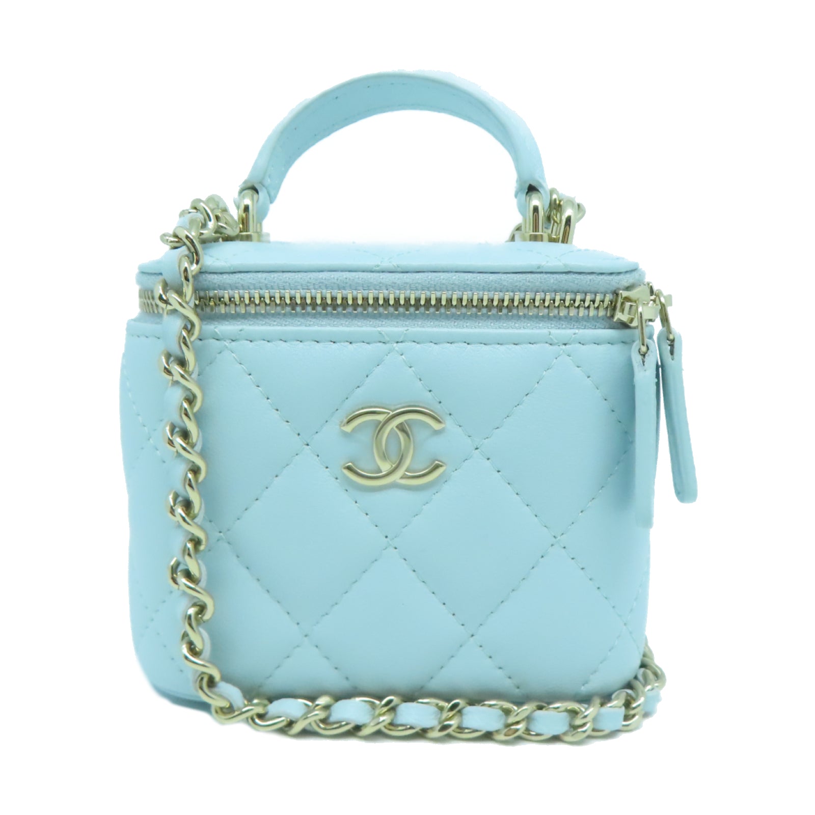 CHANEL 菱格羊皮皮革Mini Vanity Case Bag金扣手挽肩背兩用袋淺藍色