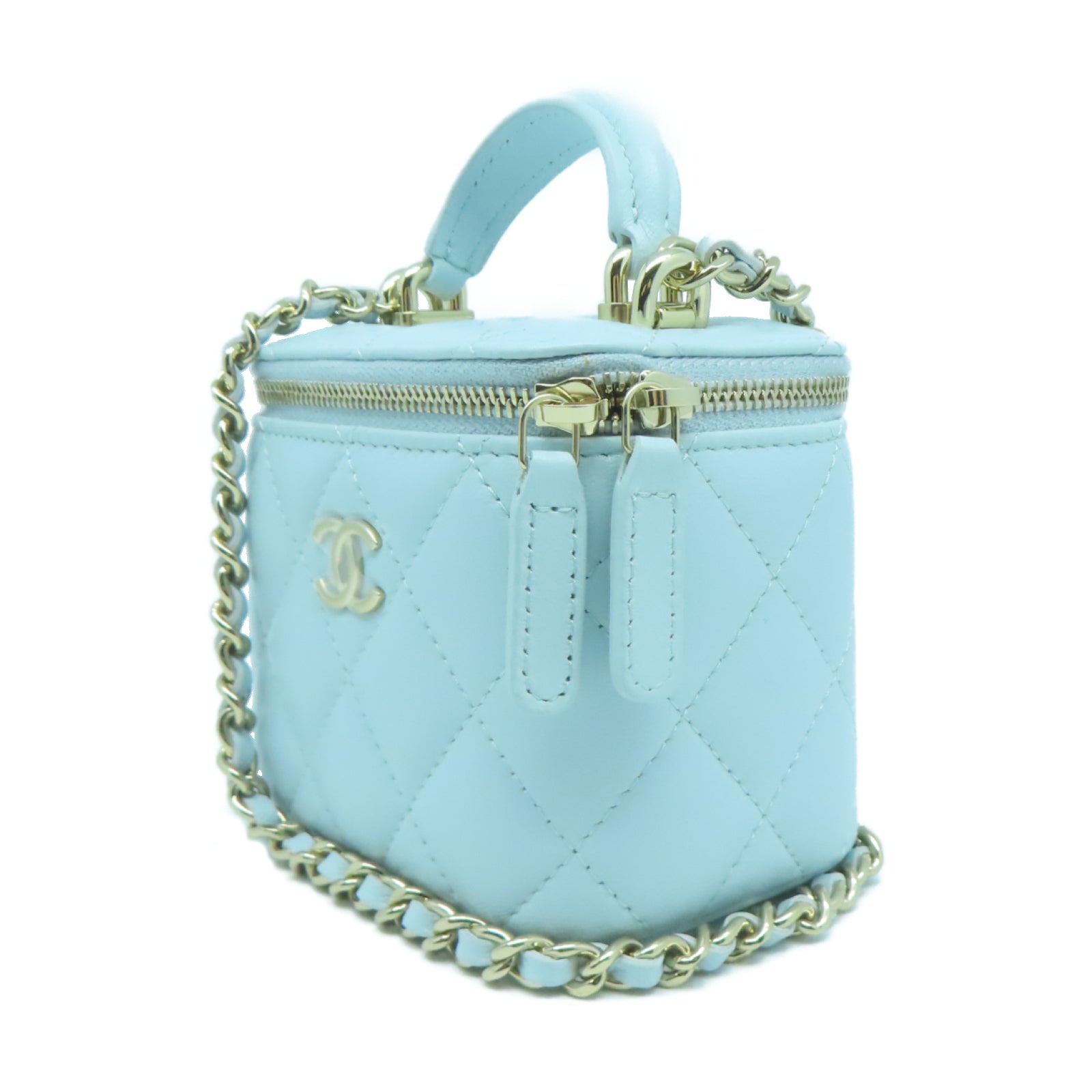 CHANEL 菱格羊皮皮革Mini Vanity Case Bag金扣手挽肩背兩用袋淺藍色