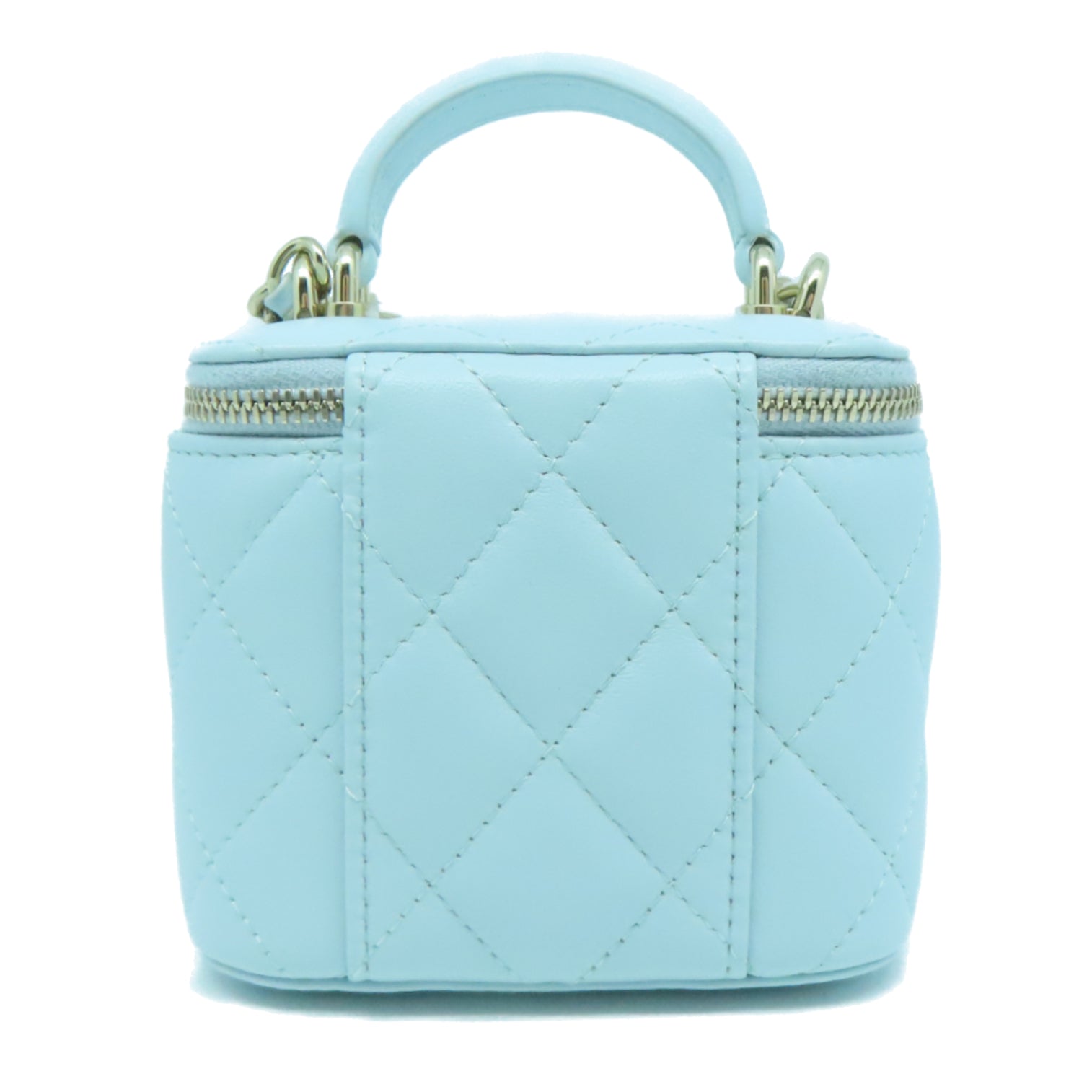 CHANEL 菱格羊皮皮革Mini Vanity Case Bag金扣手挽肩背兩用袋淺藍色