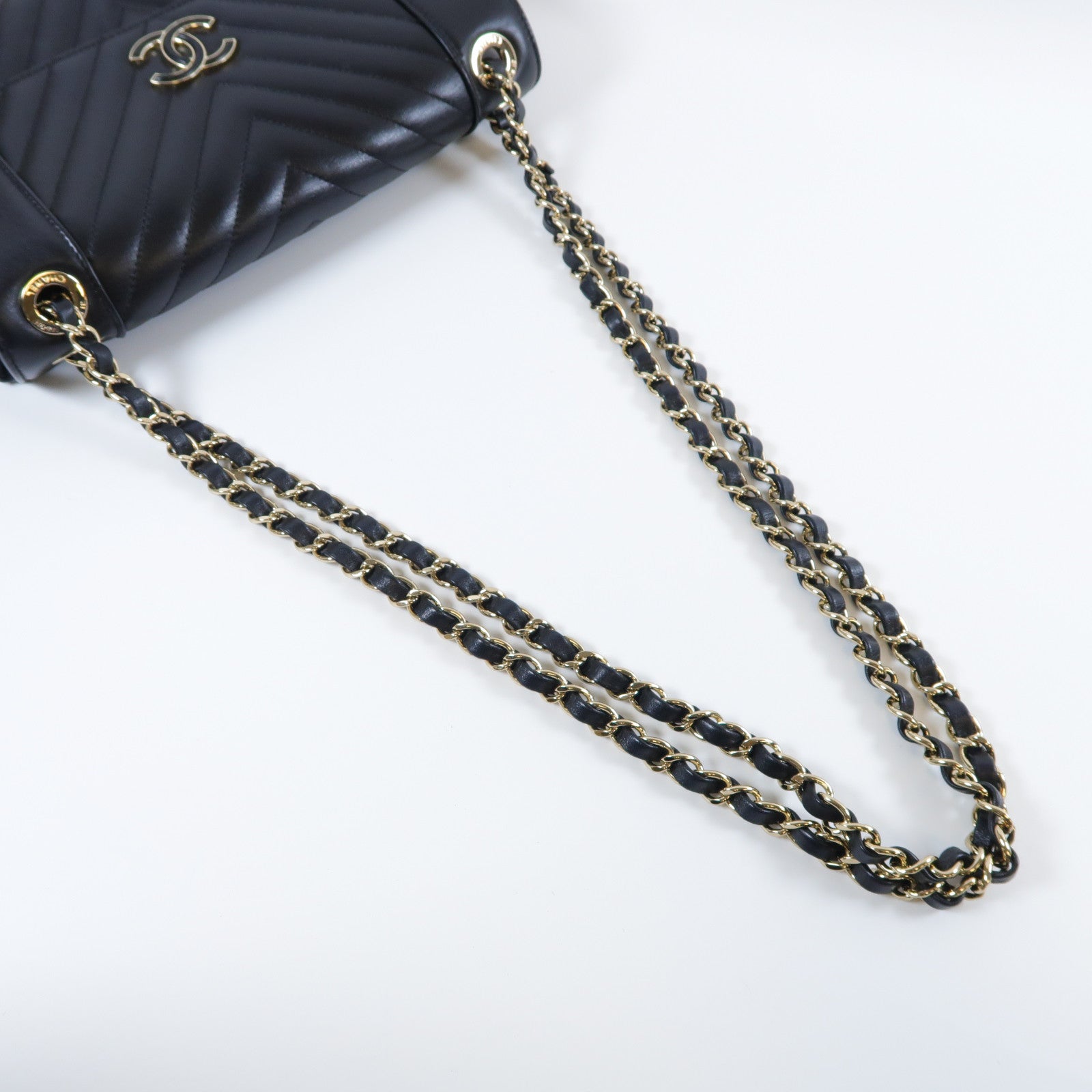 CHANEL 斜紋牛皮皮革Chain Shoulder Bag金扣鏈帶肩背袋黑色