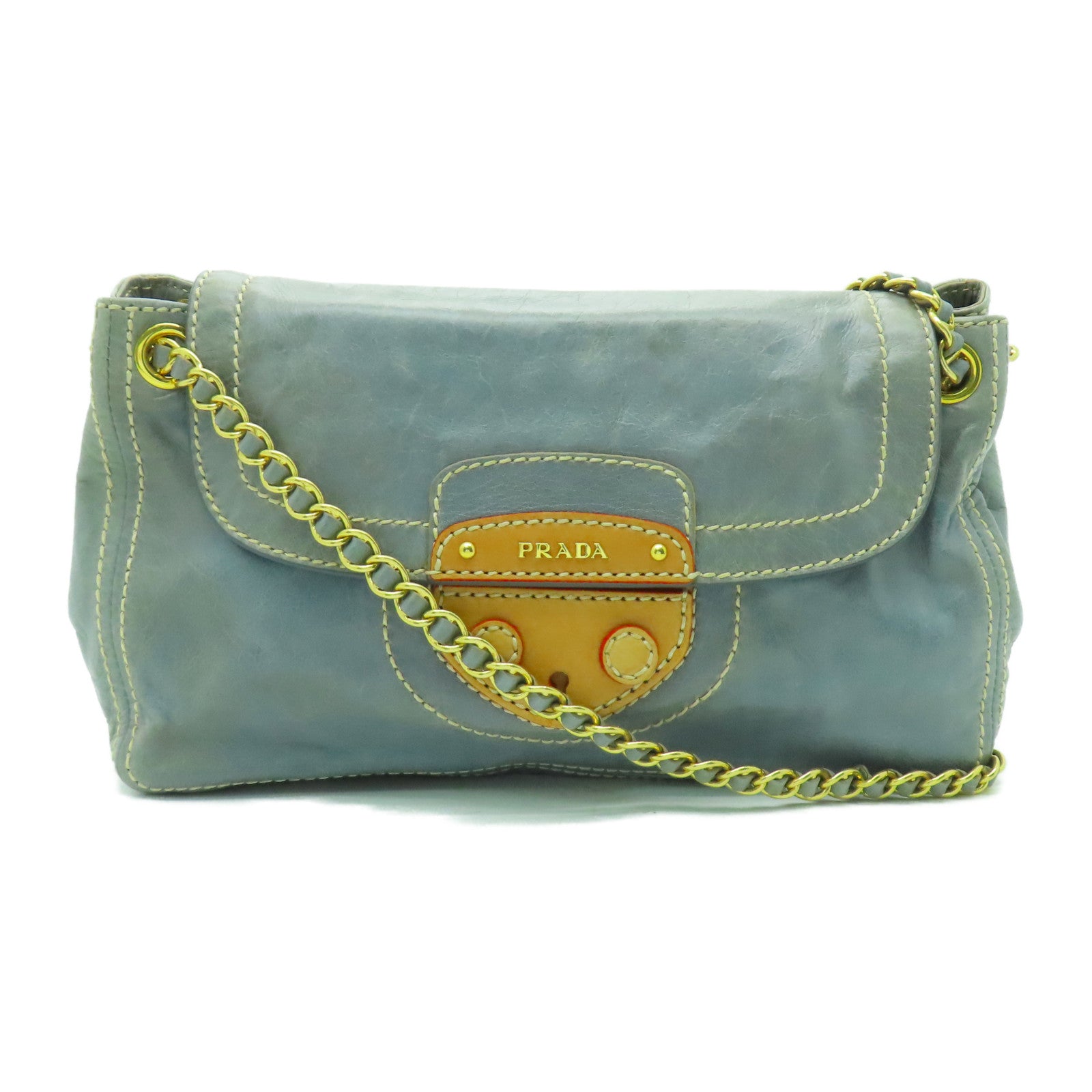 PRADA 牛皮皮革Shoulder Bag金扣鏈帶肩背袋淺藍色