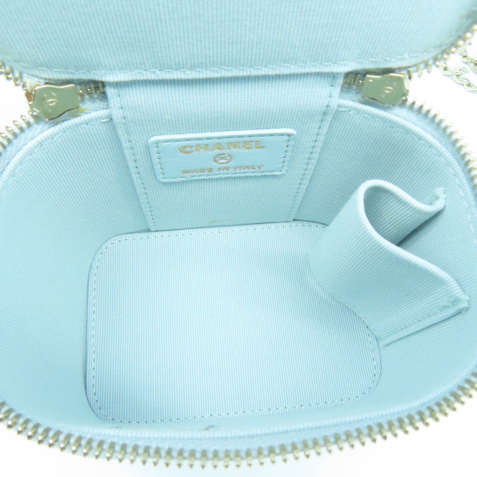 CHANEL 菱格羊皮皮革Mini Vanity Case Bag金扣手挽肩背兩用袋淺藍色