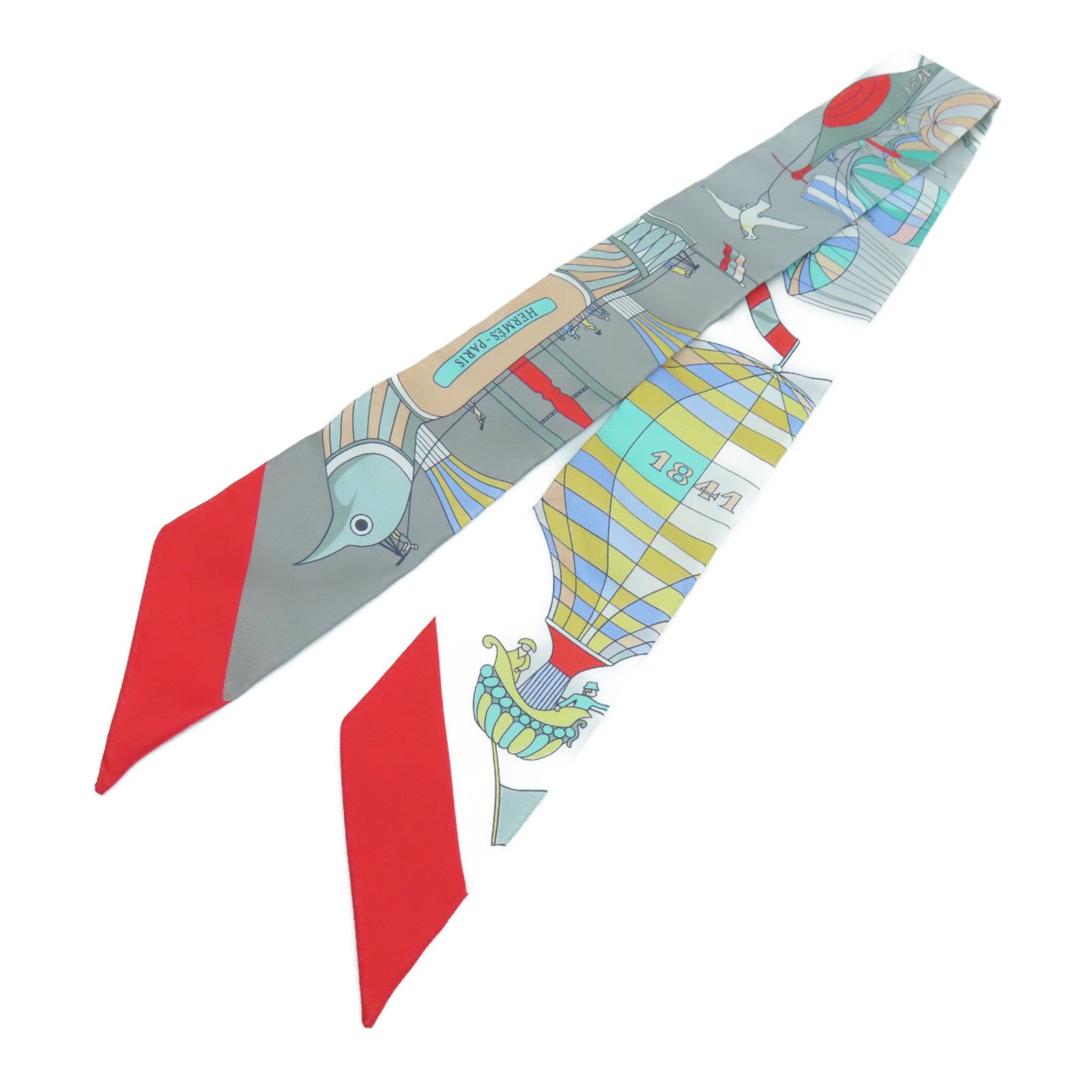 HERMES 絲質Twilly絲巾灰色紅色