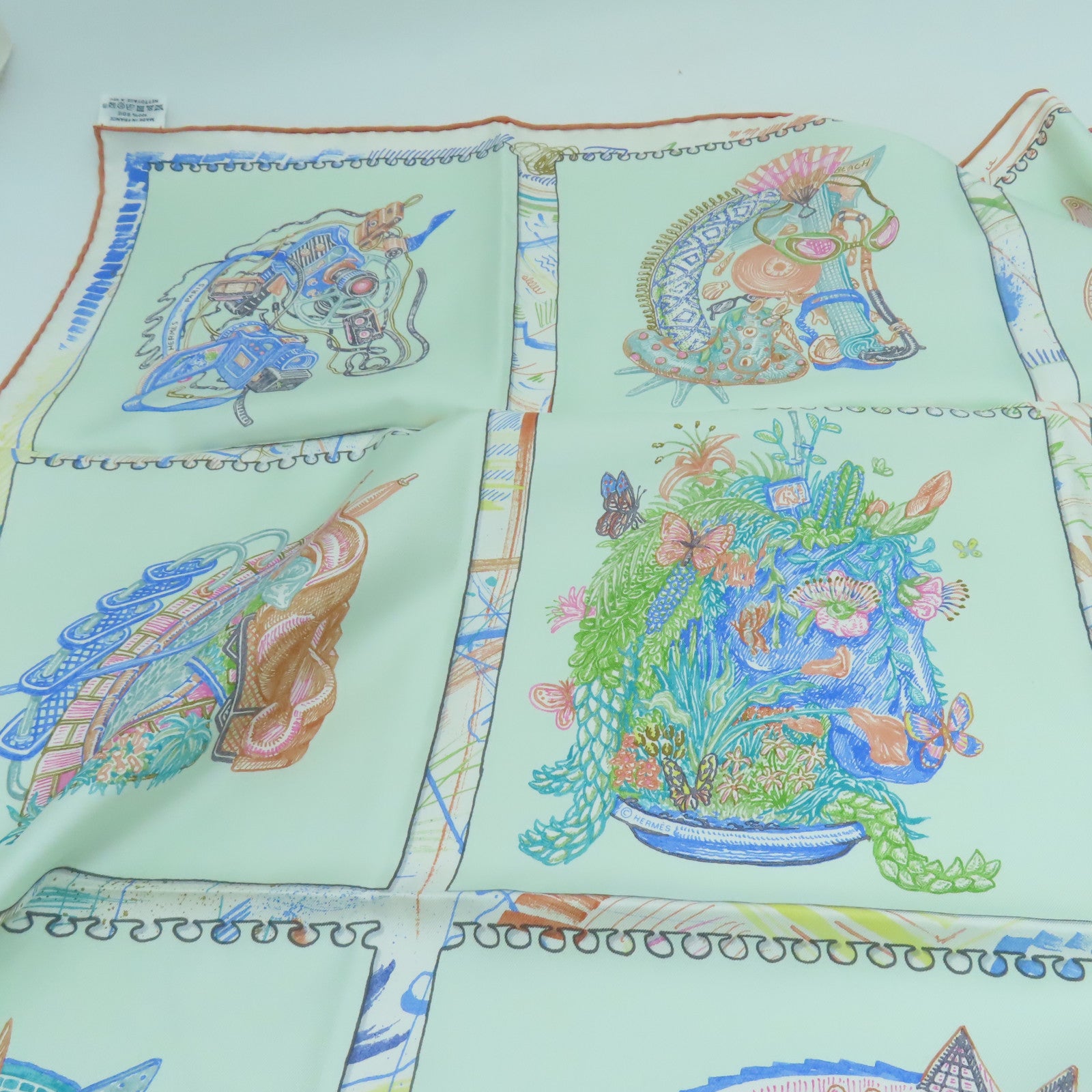 HERMES 絲質Scarf 90x90絲巾綠色彩色