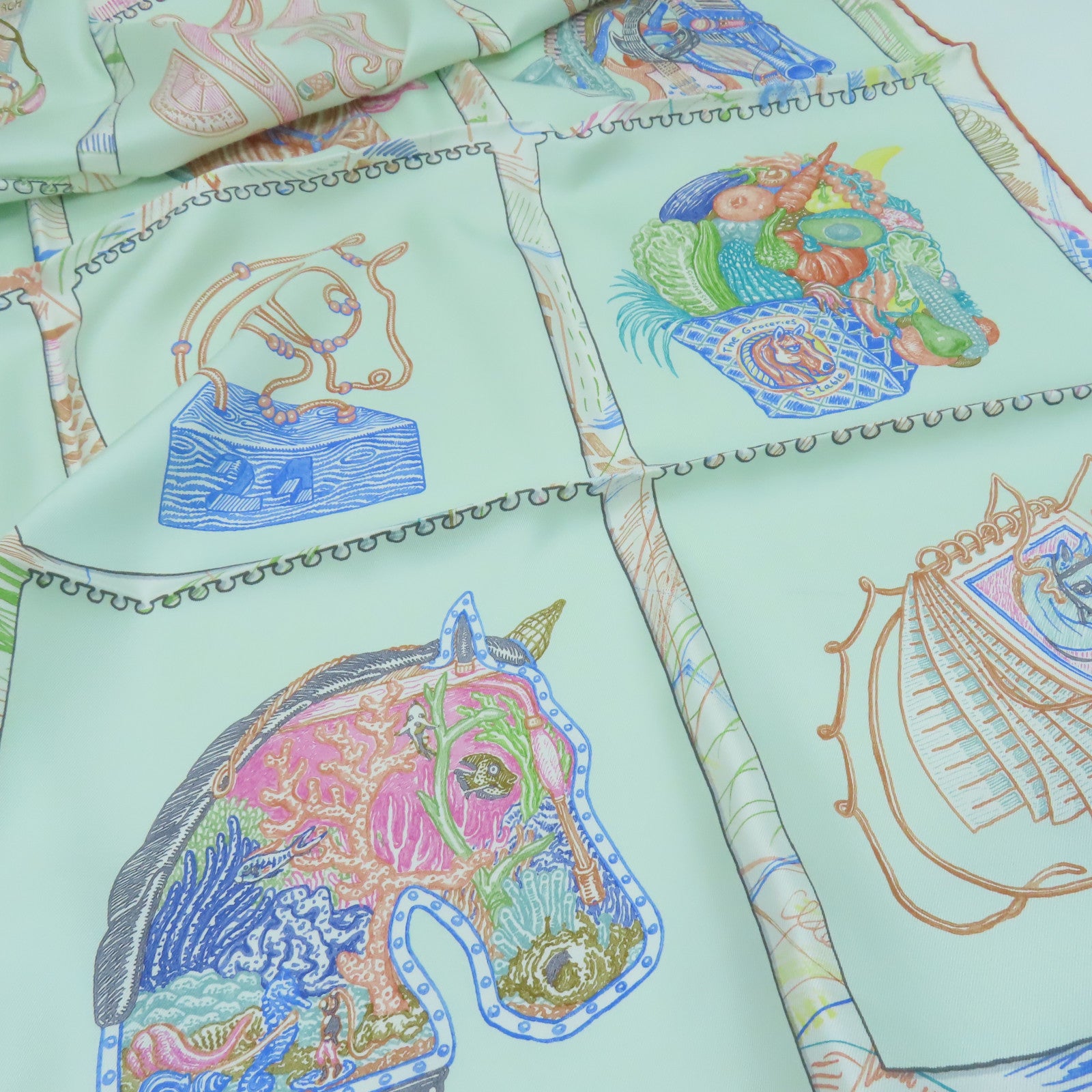 HERMES 絲質Scarf 90x90絲巾綠色彩色