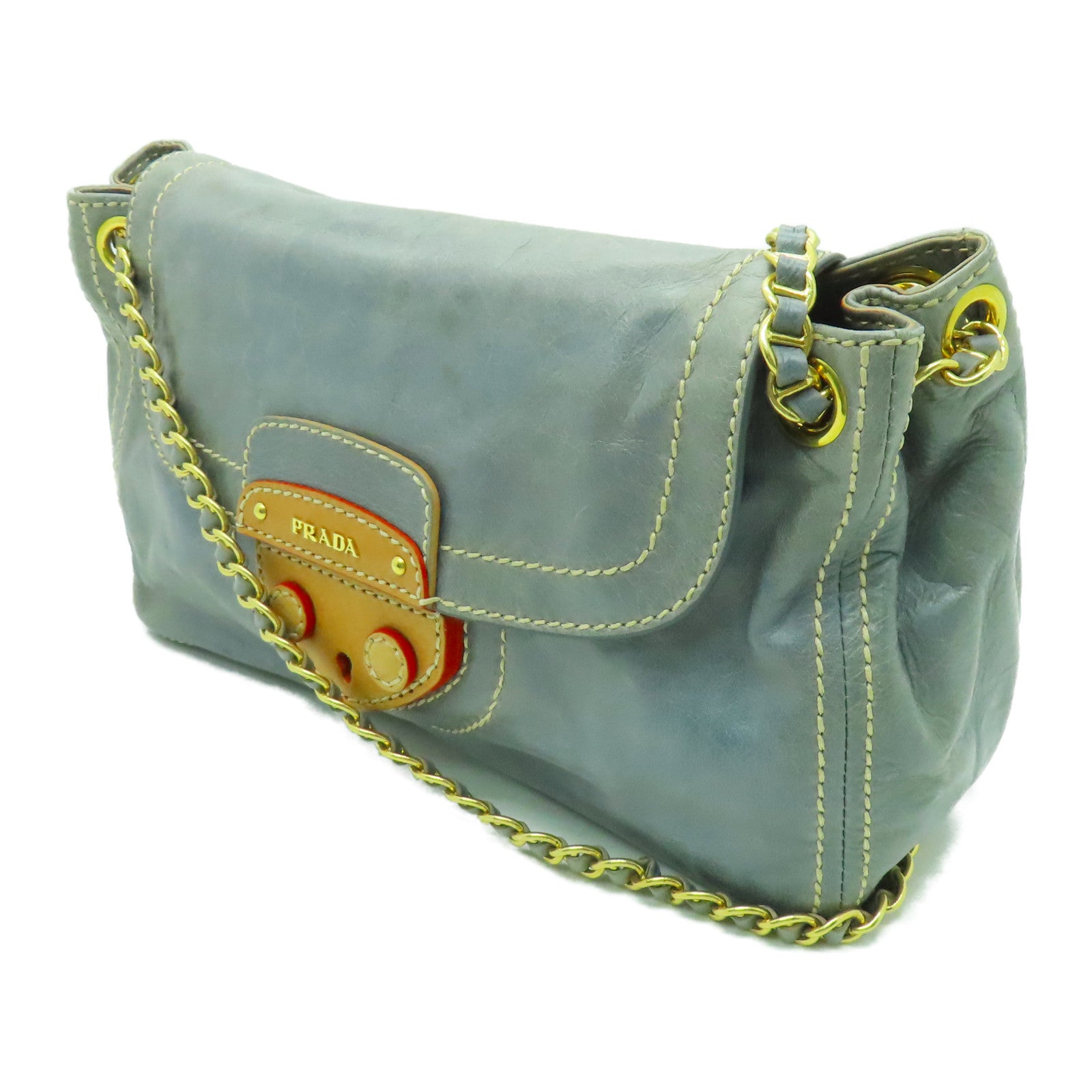 PRADA 牛皮皮革Shoulder Bag金扣鏈帶肩背袋淺藍色