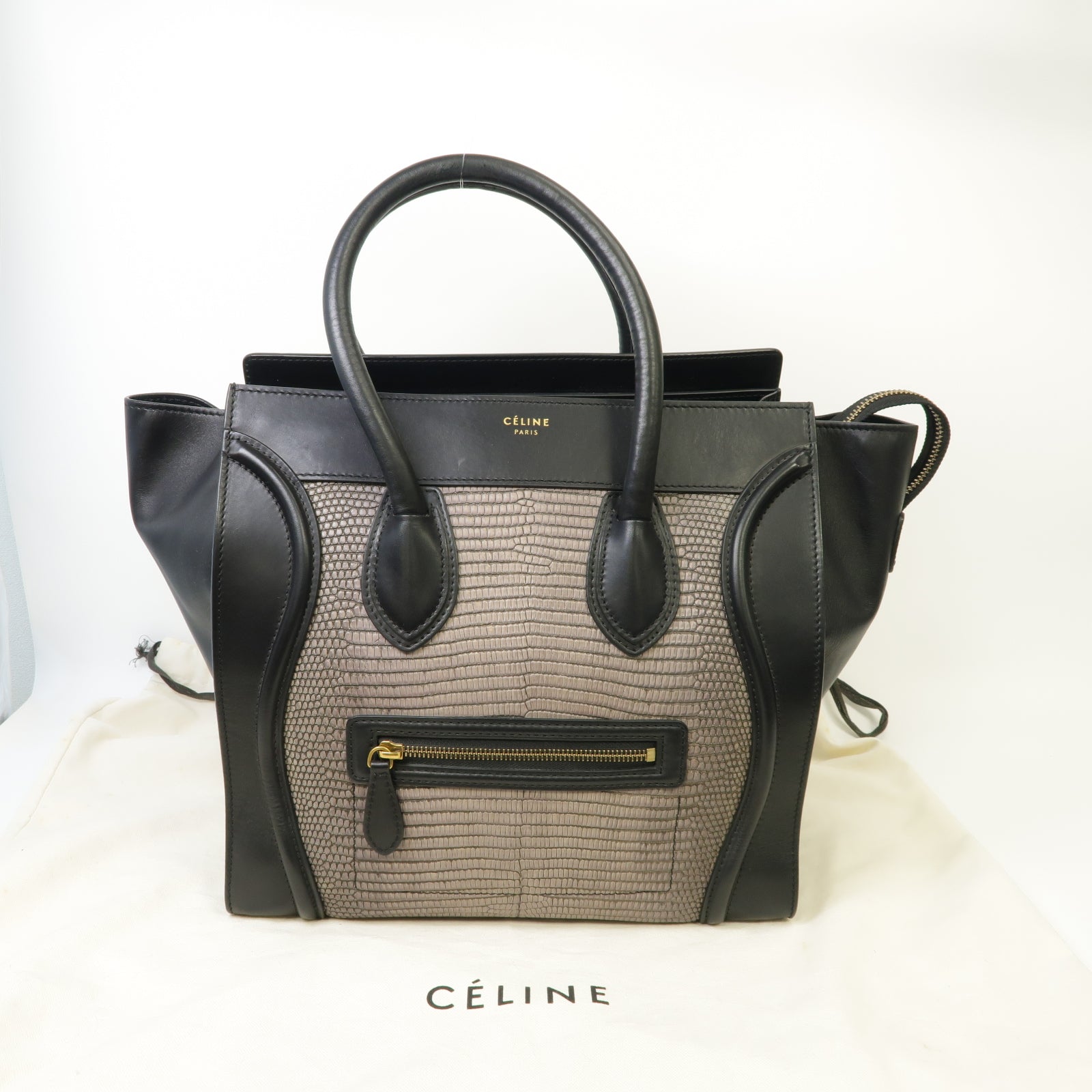 CELINE 牛皮皮革/蜥蝪皮革Mini Luggage金扣手挽袋黑色/灰色