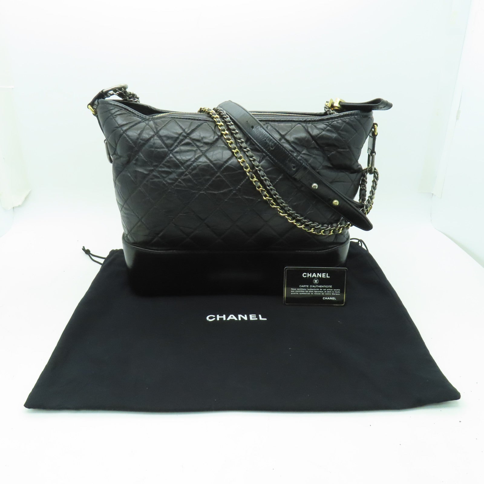 CHANEL 菱格Aged Calf皮革Chain Shoulder Bag金扣/銀扣鏈帶肩背袋黑色