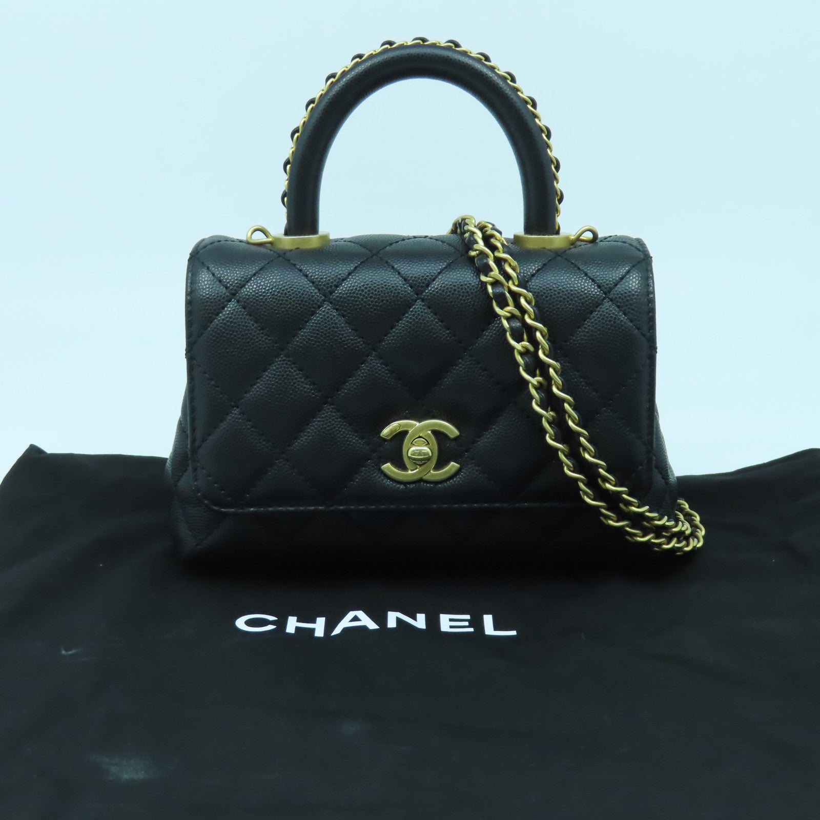 CHANEL 菱格牛皮皮革Chain Shoulder Bag金扣鏈帶手挽肩背兩用袋黑色