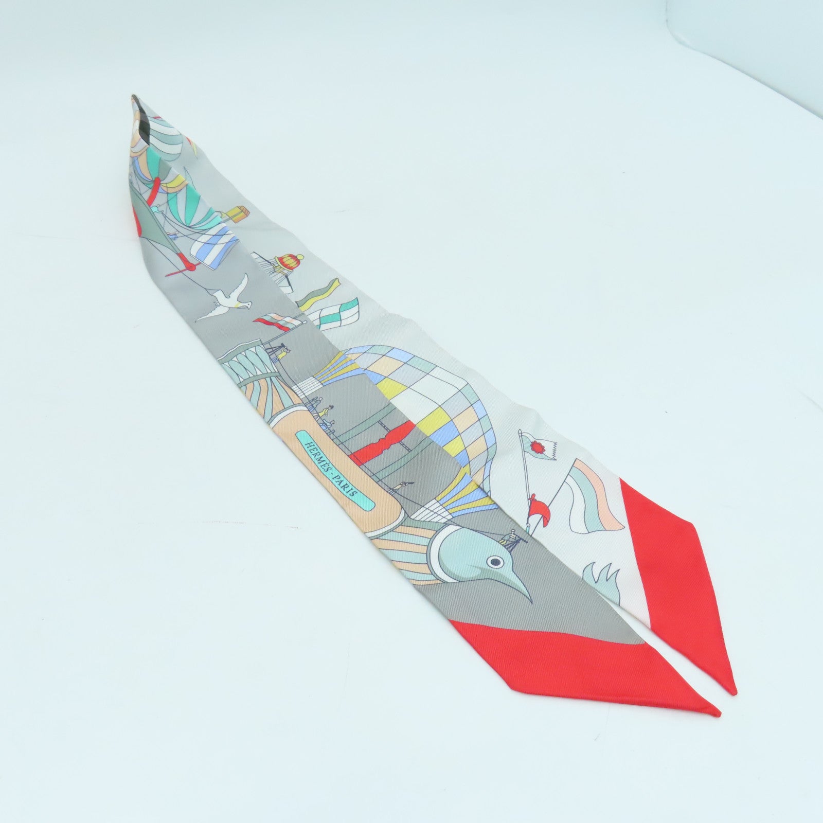 HERMES 絲質Twilly絲巾灰色紅色