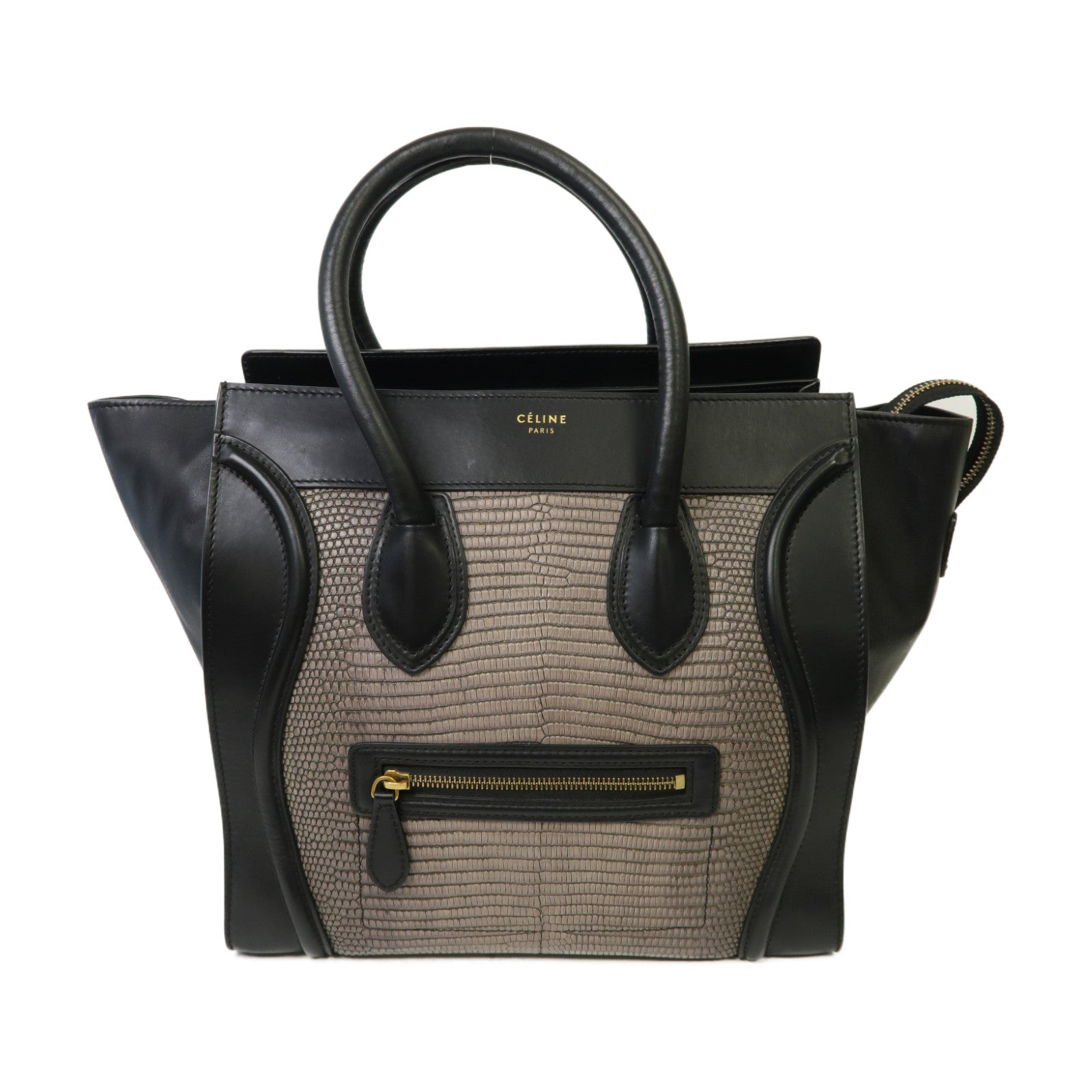 CELINE 牛皮皮革/蜥蝪皮革Mini Luggage金扣手挽袋黑色/灰色