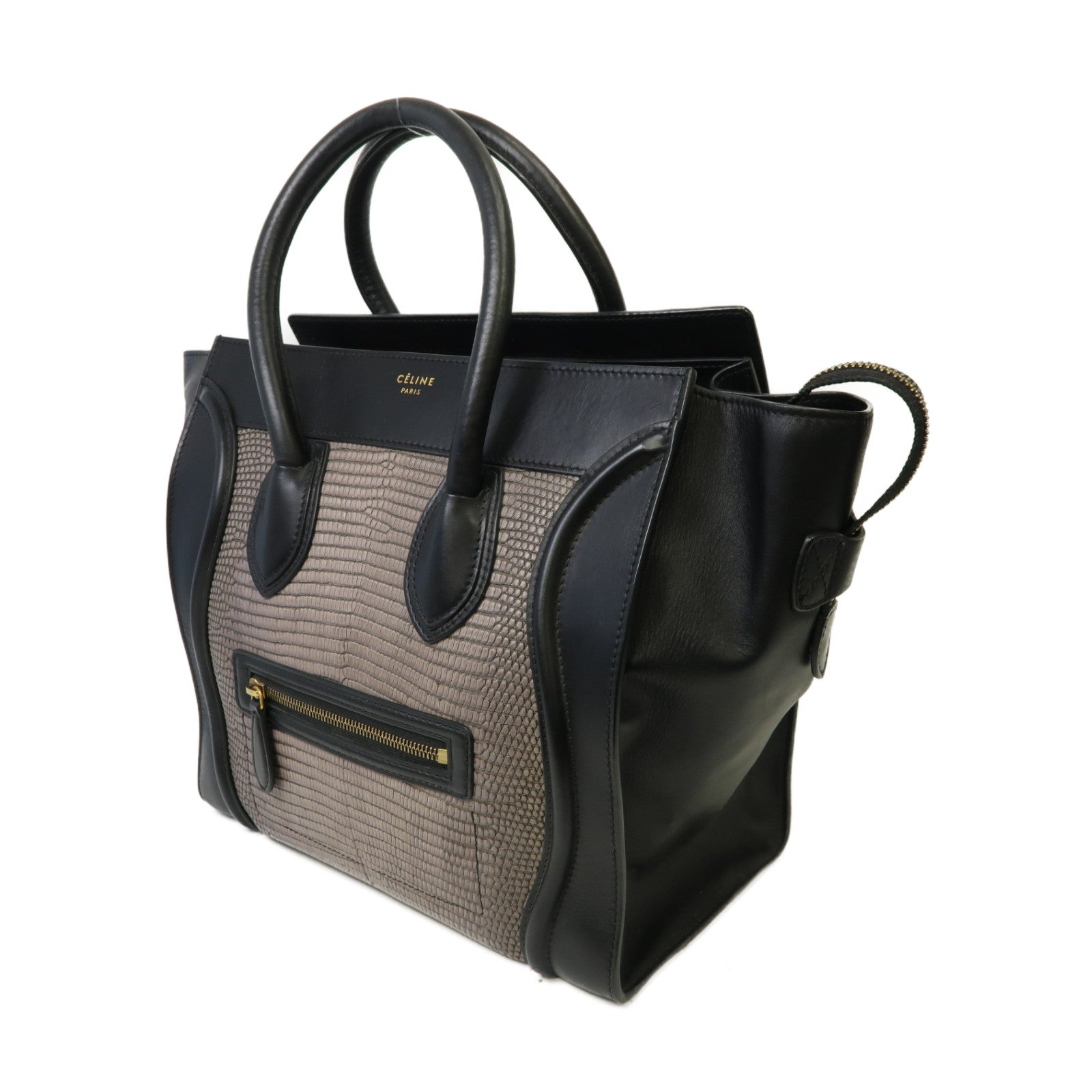 CELINE 牛皮皮革/蜥蝪皮革Mini Luggage金扣手挽袋黑色/灰色