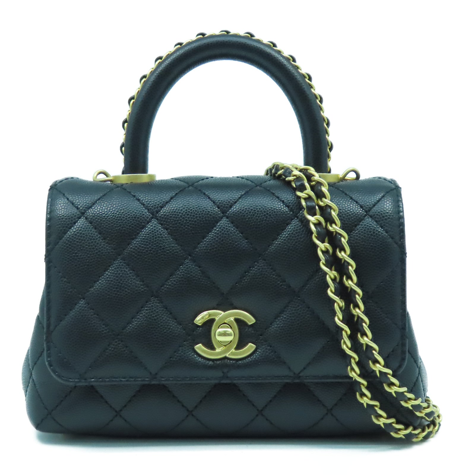 CHANEL 菱格牛皮皮革Chain Shoulder Bag金扣鏈帶手挽肩背兩用袋黑色