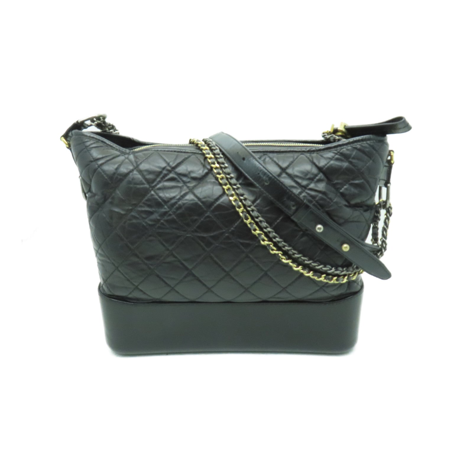 CHANEL 菱格Aged Calf皮革Chain Shoulder Bag金扣/銀扣鏈帶肩背袋黑色
