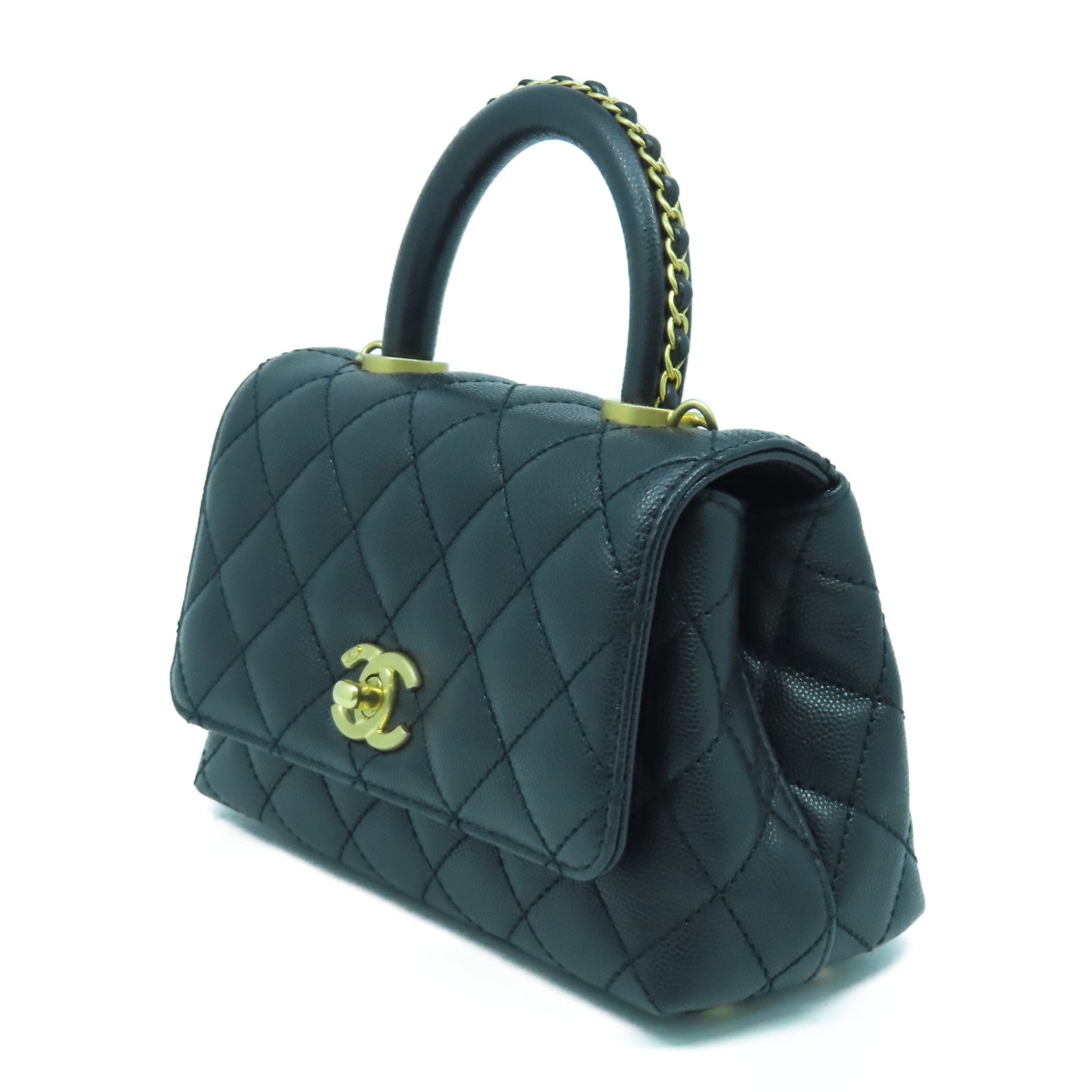 CHANEL 菱格牛皮皮革Chain Shoulder Bag金扣鏈帶手挽肩背兩用袋黑色