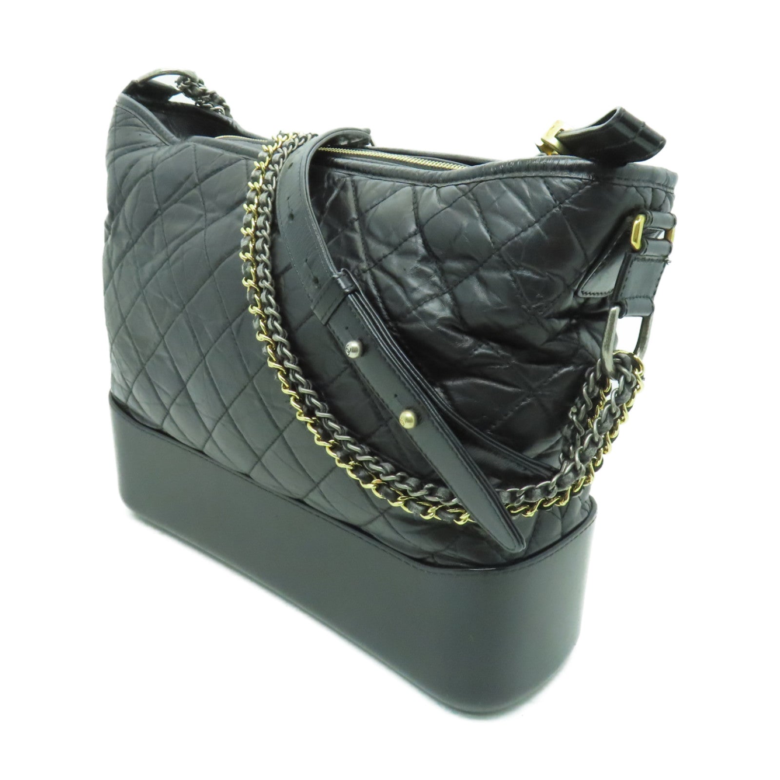 CHANEL 菱格Aged Calf皮革Chain Shoulder Bag金扣/銀扣鏈帶肩背袋黑色