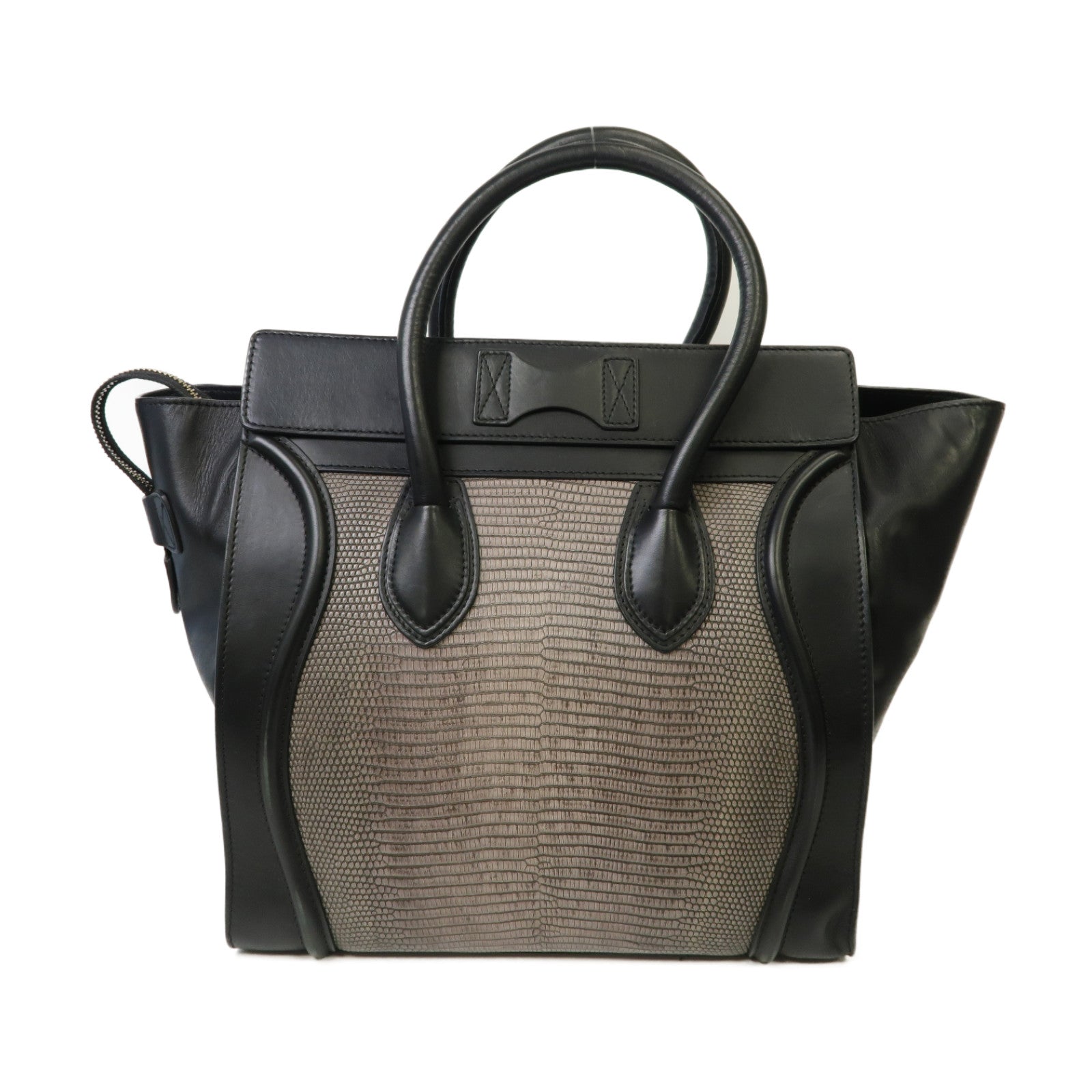 CELINE 牛皮皮革/蜥蝪皮革Mini Luggage金扣手挽袋黑色/灰色