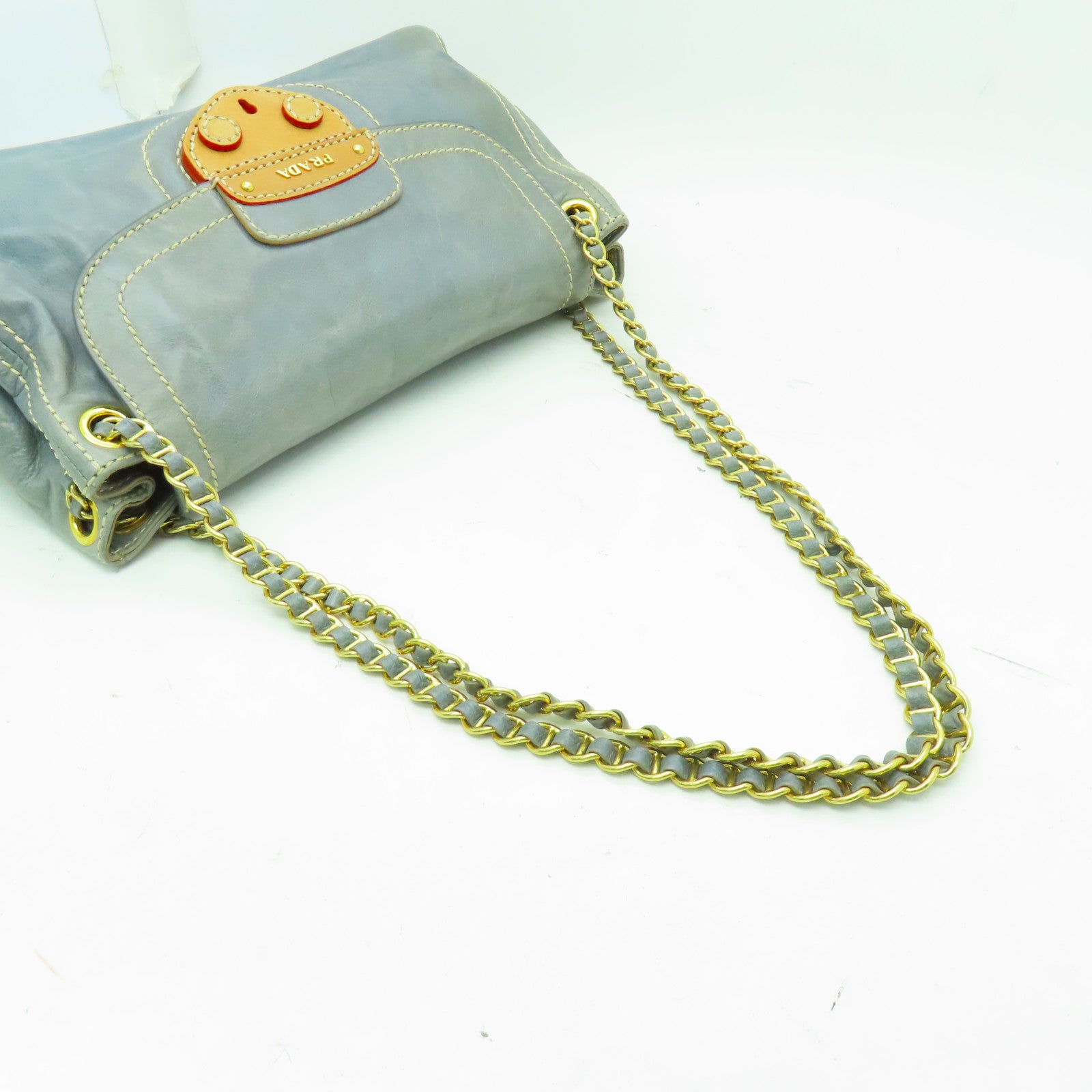 PRADA 牛皮皮革Shoulder Bag金扣鏈帶肩背袋淺藍色