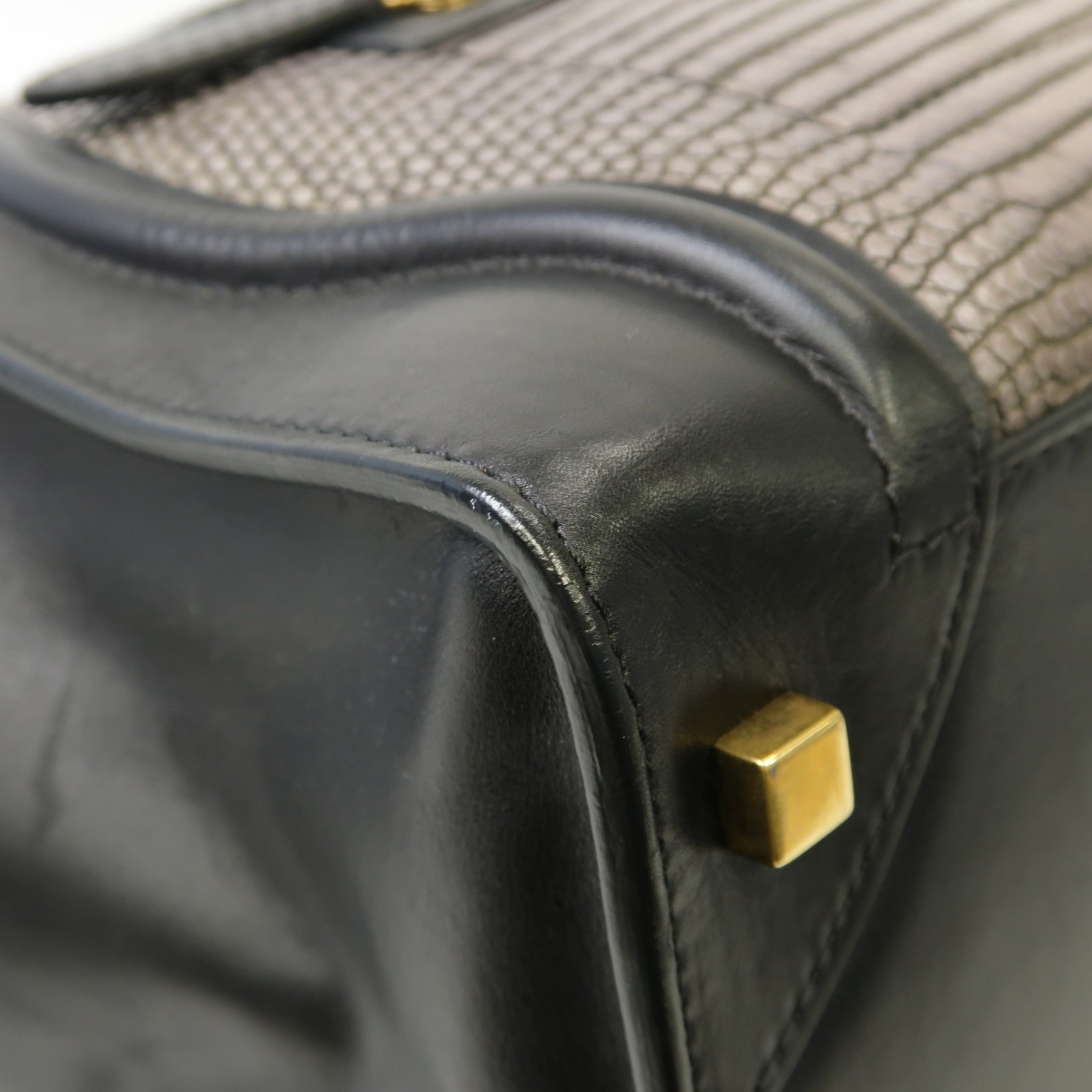 CELINE 牛皮皮革/蜥蝪皮革Mini Luggage金扣手挽袋黑色/灰色
