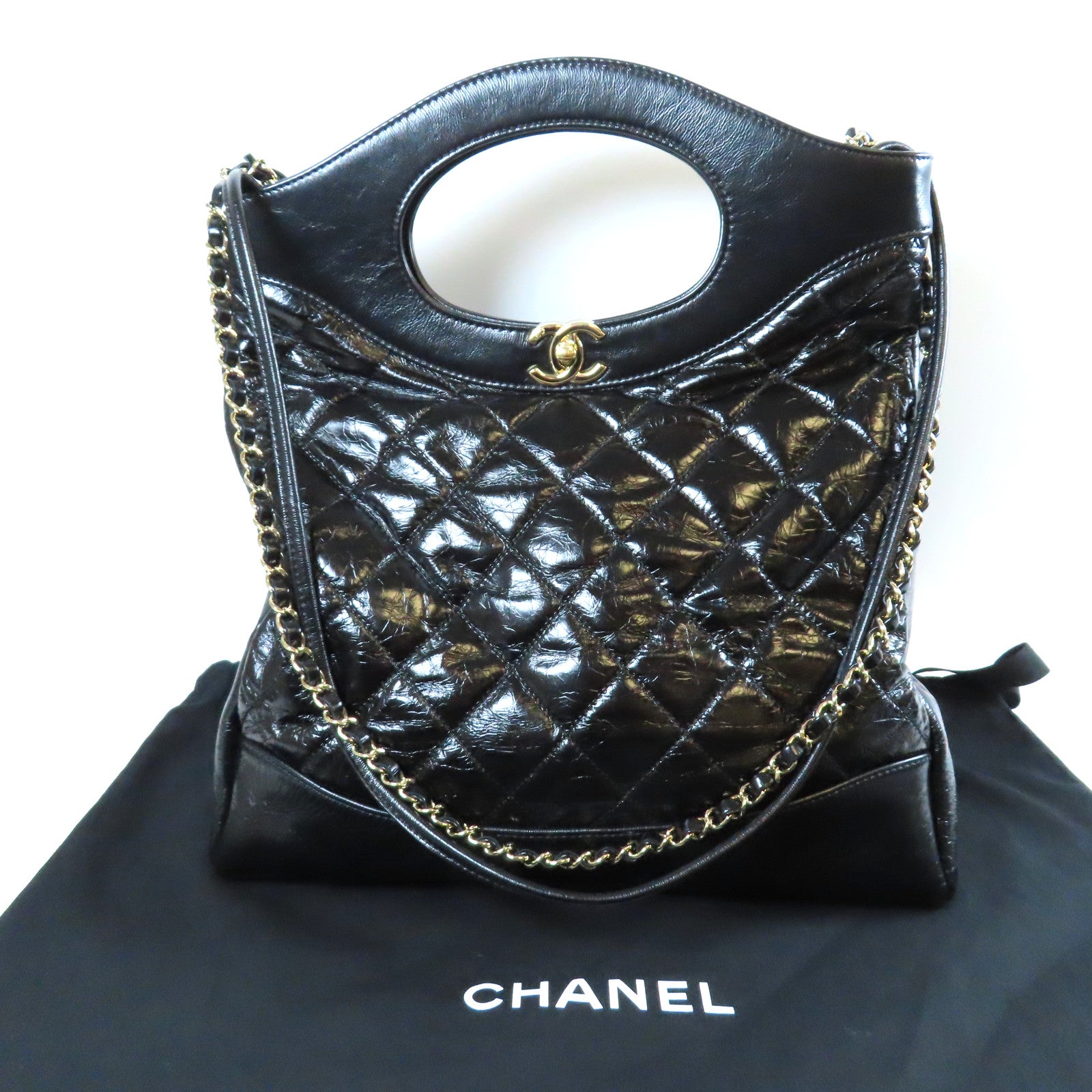 CHANEL 菱格牛皮皮革Chain Shoulder金扣鏈帶肩背袋黑色