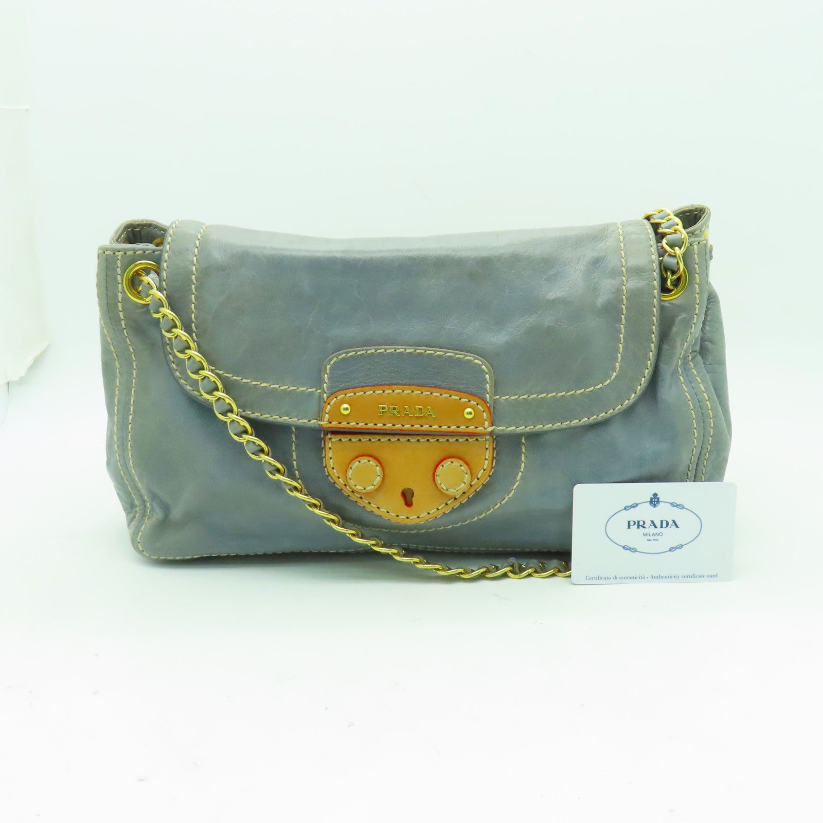 PRADA 牛皮皮革Shoulder Bag金扣鏈帶肩背袋淺藍色