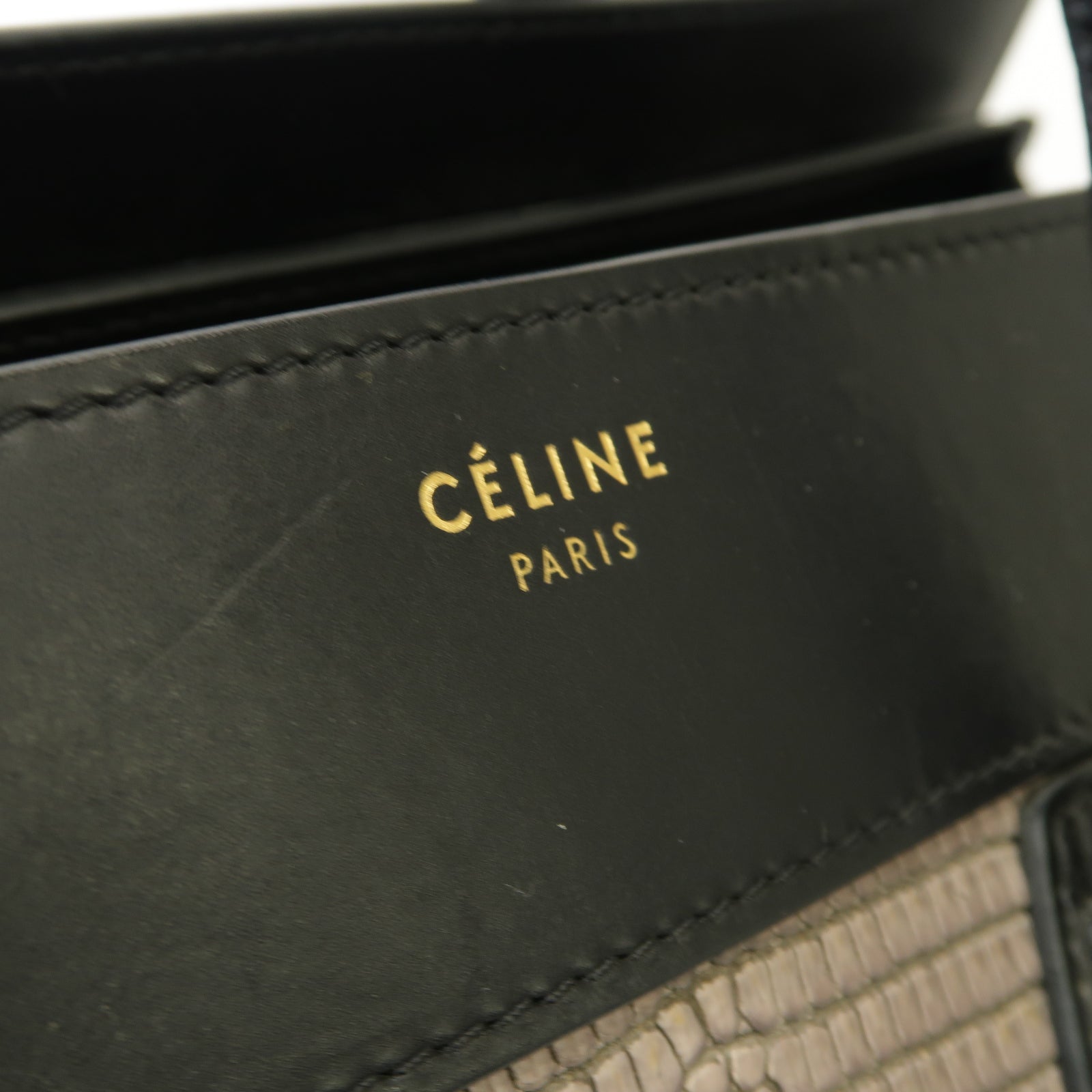 CELINE 牛皮皮革/蜥蝪皮革Mini Luggage金扣手挽袋黑色/灰色