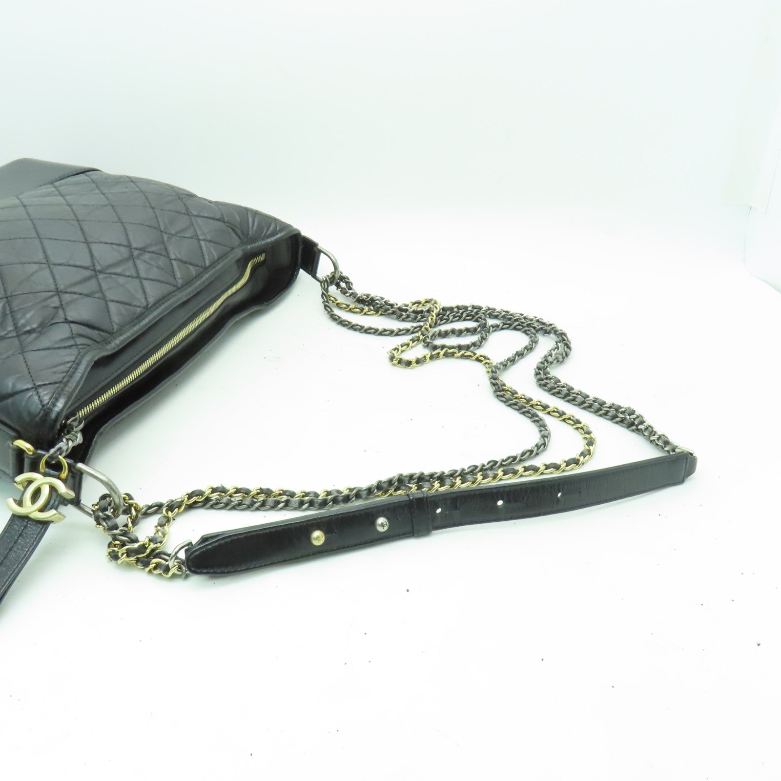 CHANEL 菱格Aged Calf皮革Chain Shoulder Bag金扣/銀扣鏈帶肩背袋黑色
