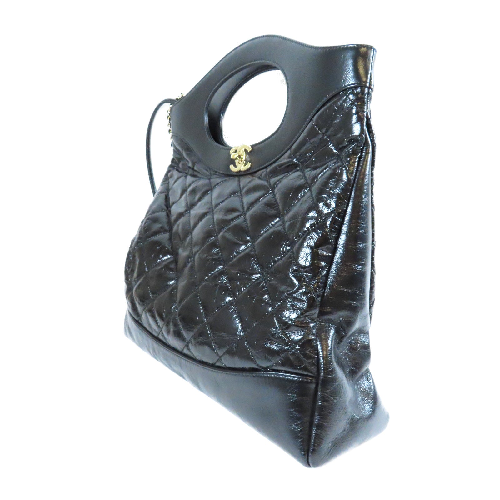 CHANEL 菱格牛皮皮革Chain Shoulder金扣鏈帶肩背袋黑色