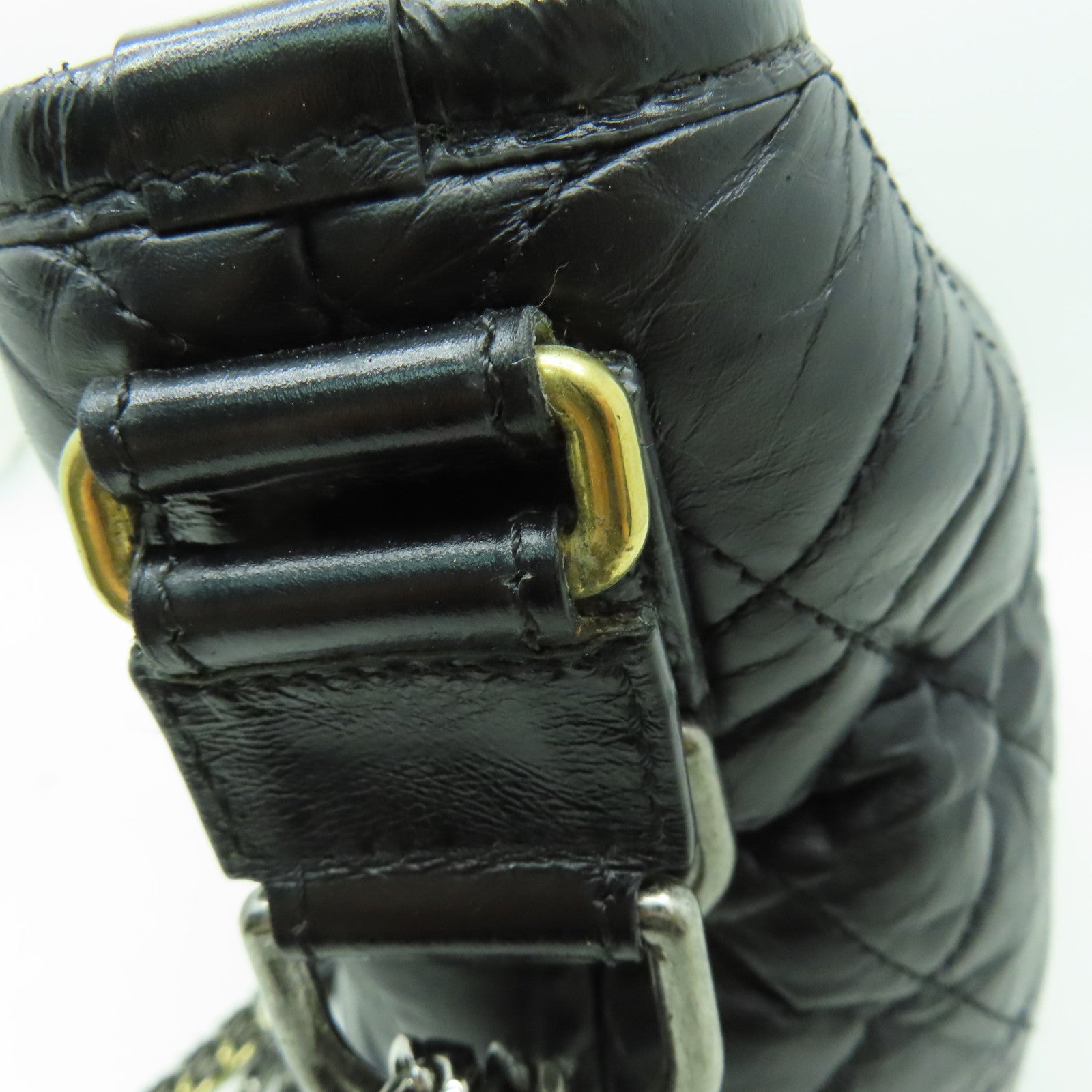 CHANEL 菱格Aged Calf皮革Chain Shoulder Bag金扣/銀扣鏈帶肩背袋黑色