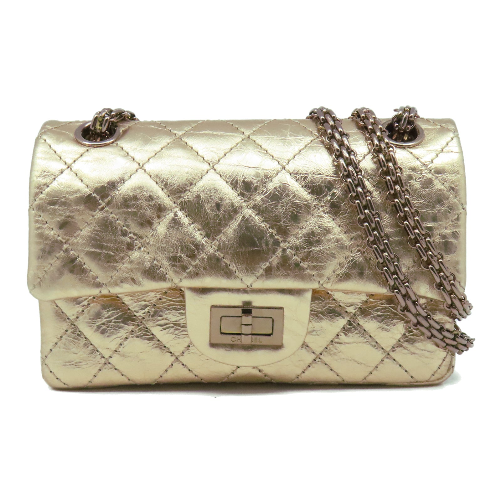 CHANEL 【激減優惠】菱格牛皮皮革2.55 Chain Shoulder金扣鏈帶肩背袋粉紅金色