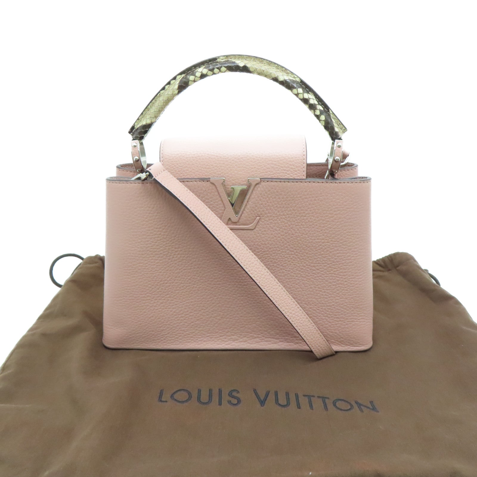 LOUIS VUITTON [Sharp Discount] Taurillon Leather/Snakeskin Leather Capucines MM Silver Buckle Shoulder Bag Pink