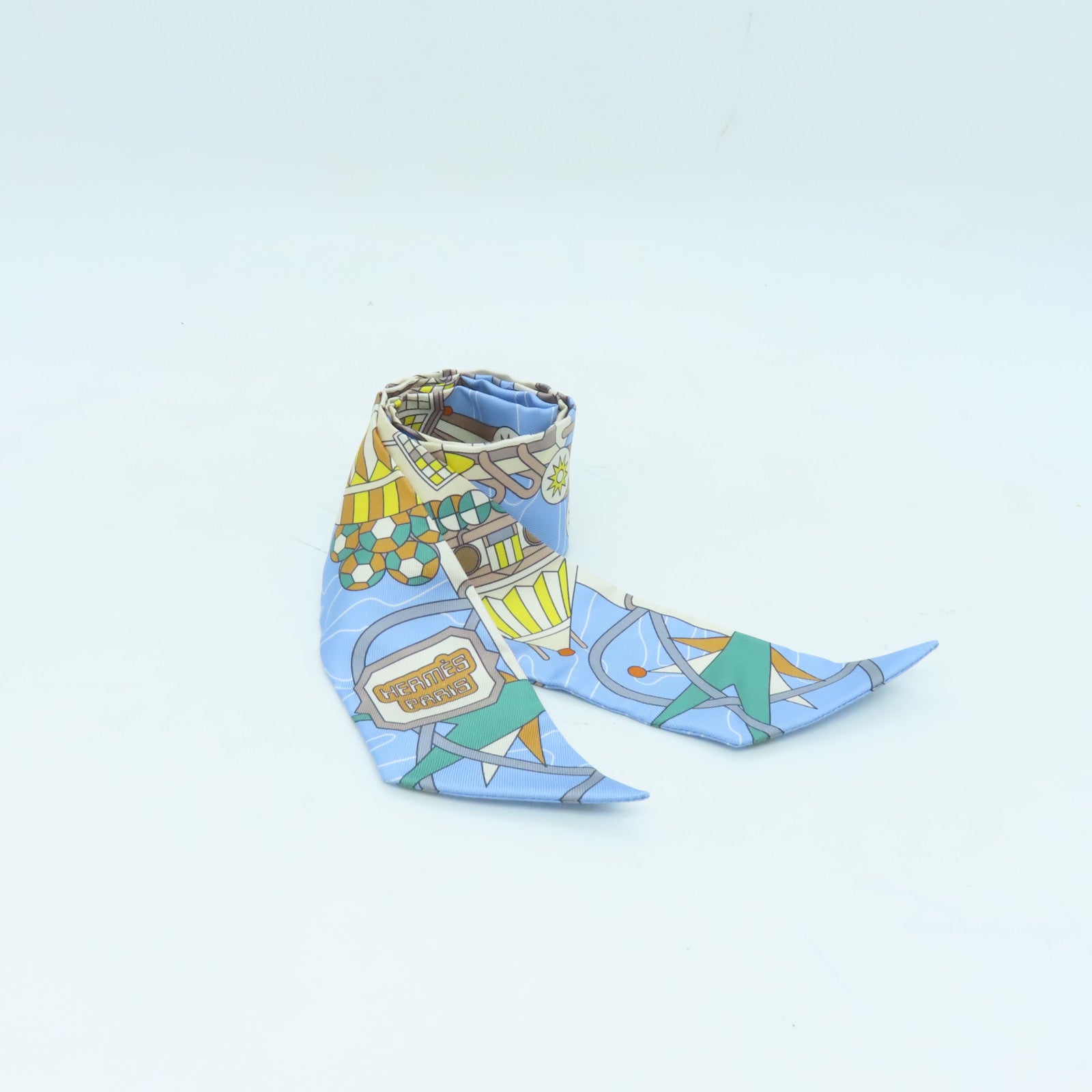 HERMES Silk Twilly Scarf Blue/Yellow/Green